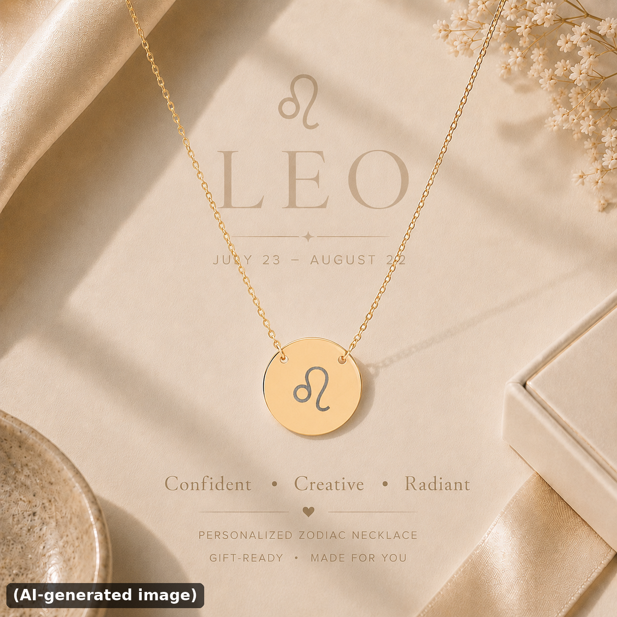 Leo zodiac coin necklace engraved star sign pendant — hero (AI-generated image)