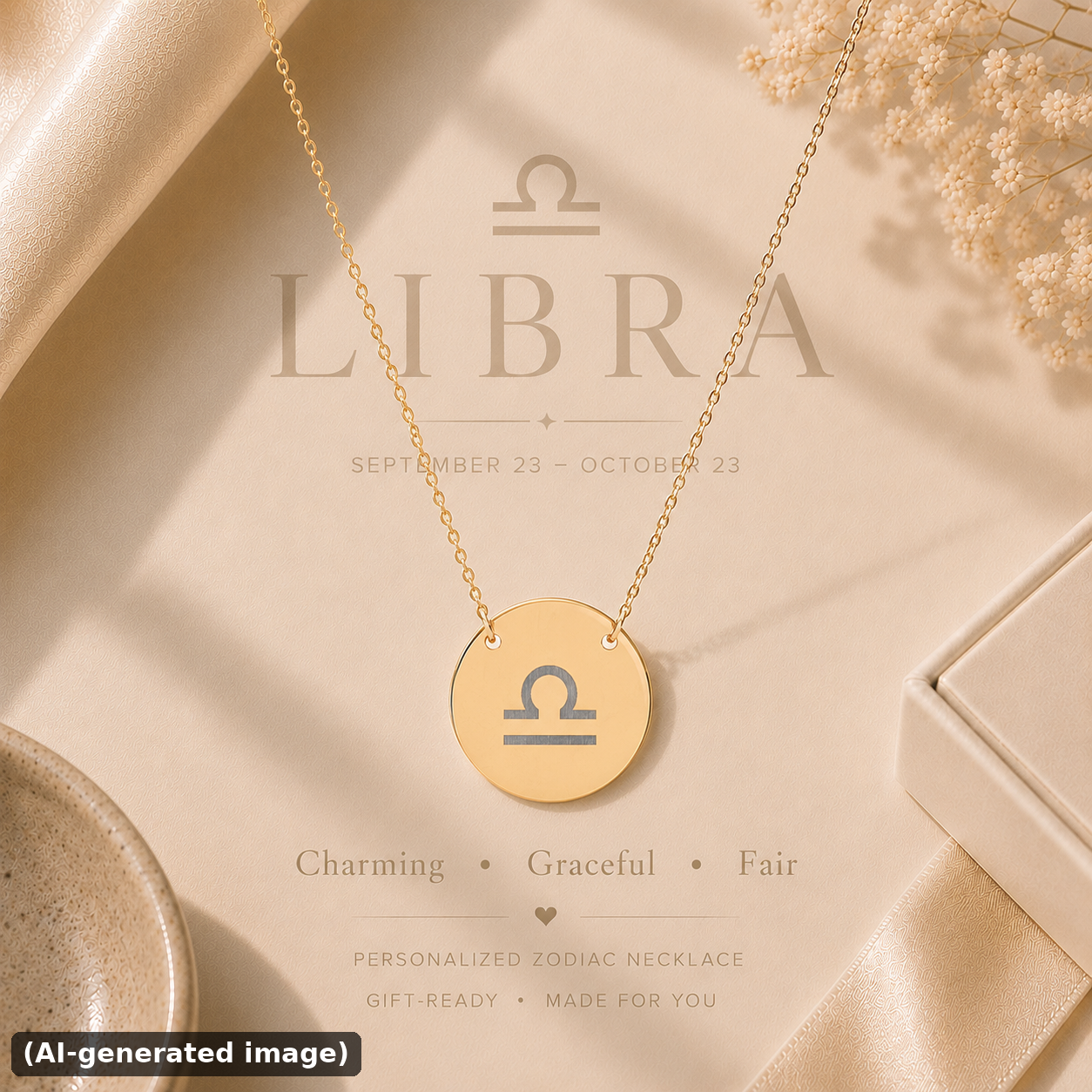Libra zodiac coin necklace engraved star sign pendant — hero (AI-generated image)