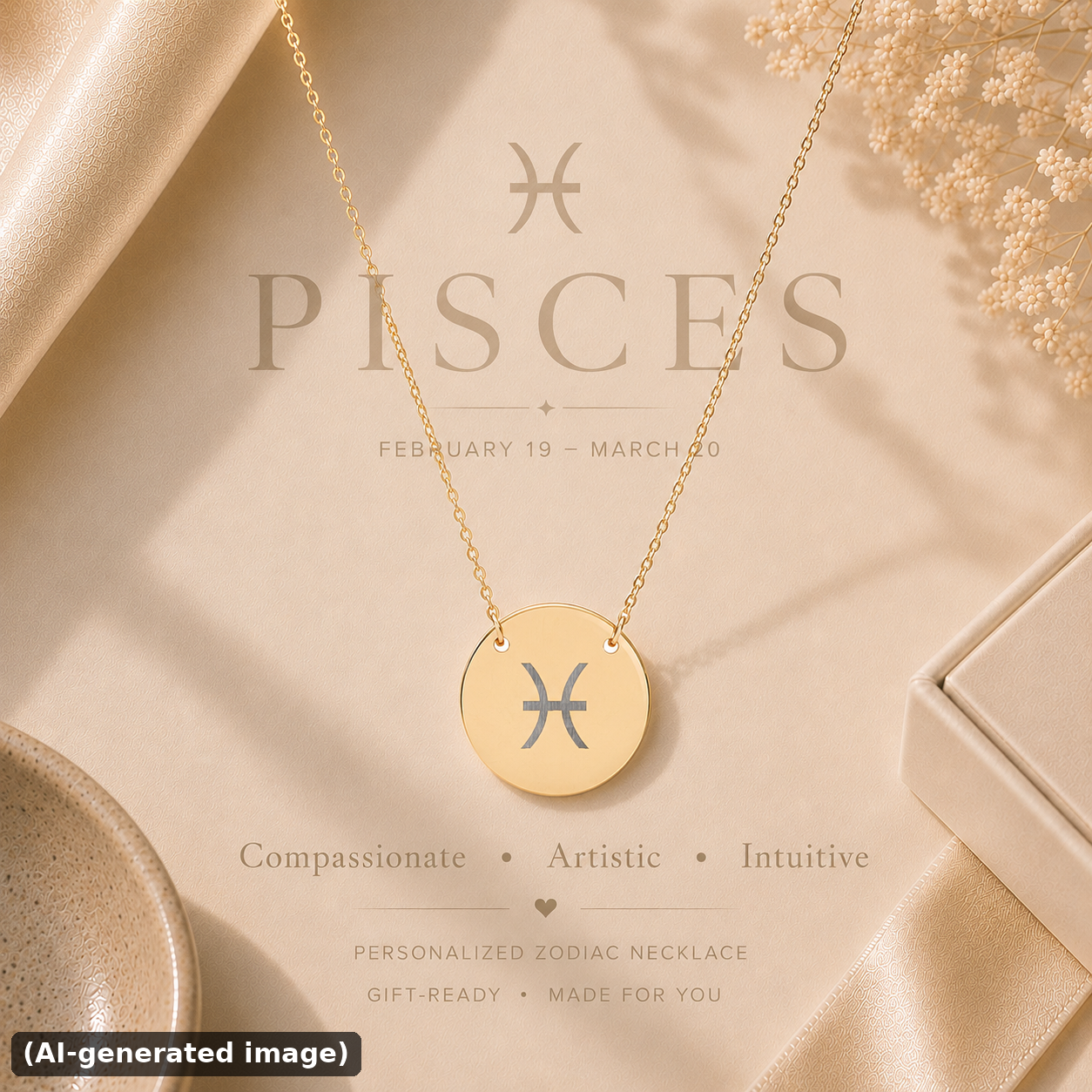 Pisces zodiac coin necklace engraved star sign pendant — hero (AI-generated image)
