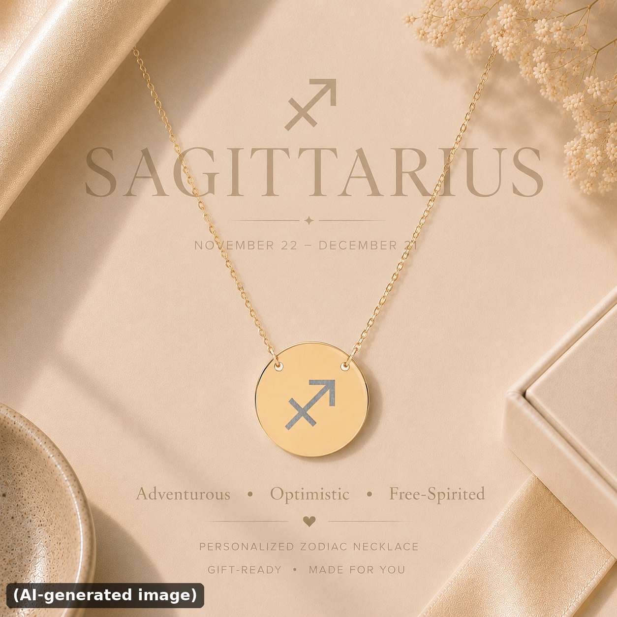 Sagittarius zodiac coin necklace engraved star sign pendant — hero (AI-generated image)