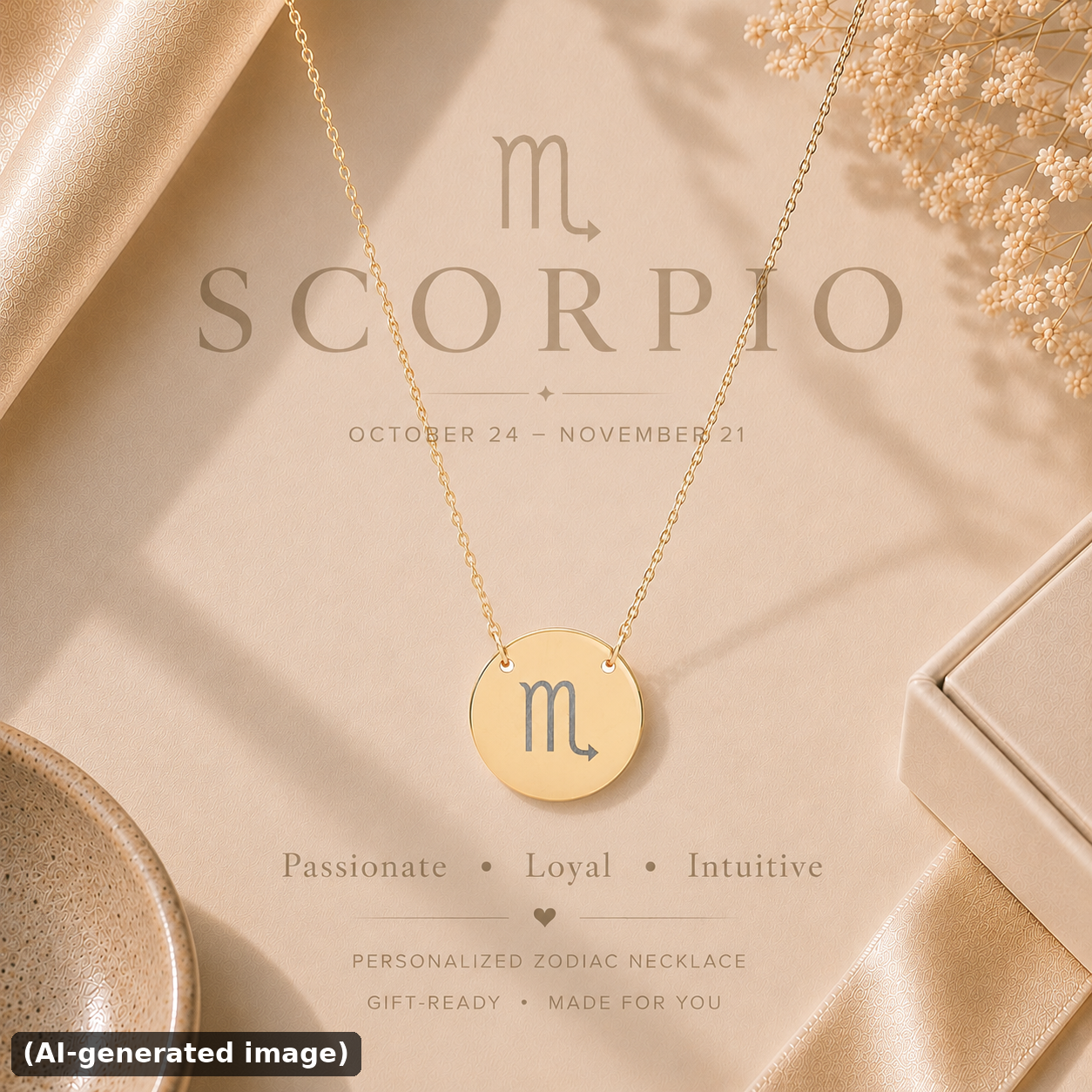 Scorpio zodiac coin necklace engraved star sign pendant — hero (AI-generated image)