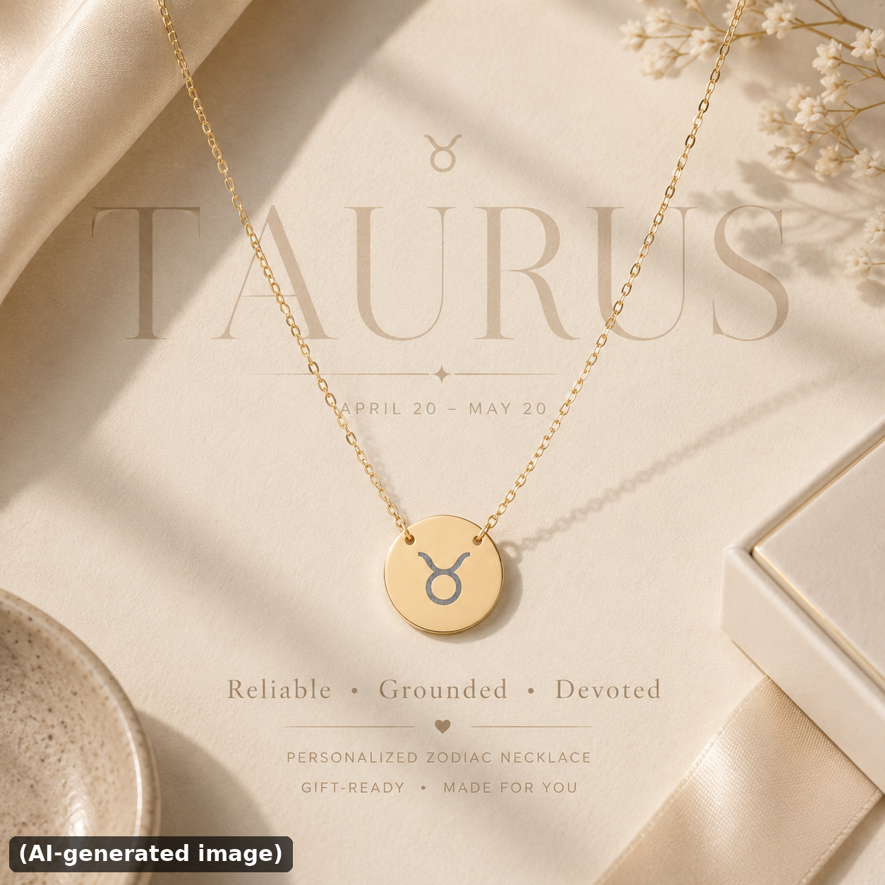 Taurus zodiac coin necklace engraved star sign pendant — hero (AI-generated image)