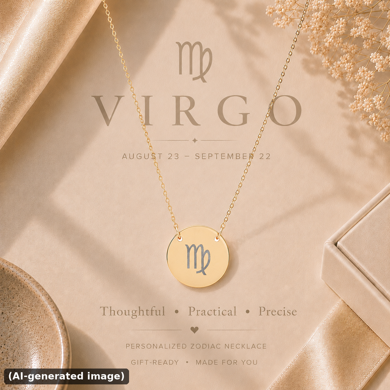 Virgo zodiac coin necklace engraved star sign pendant — hero (AI-generated image)