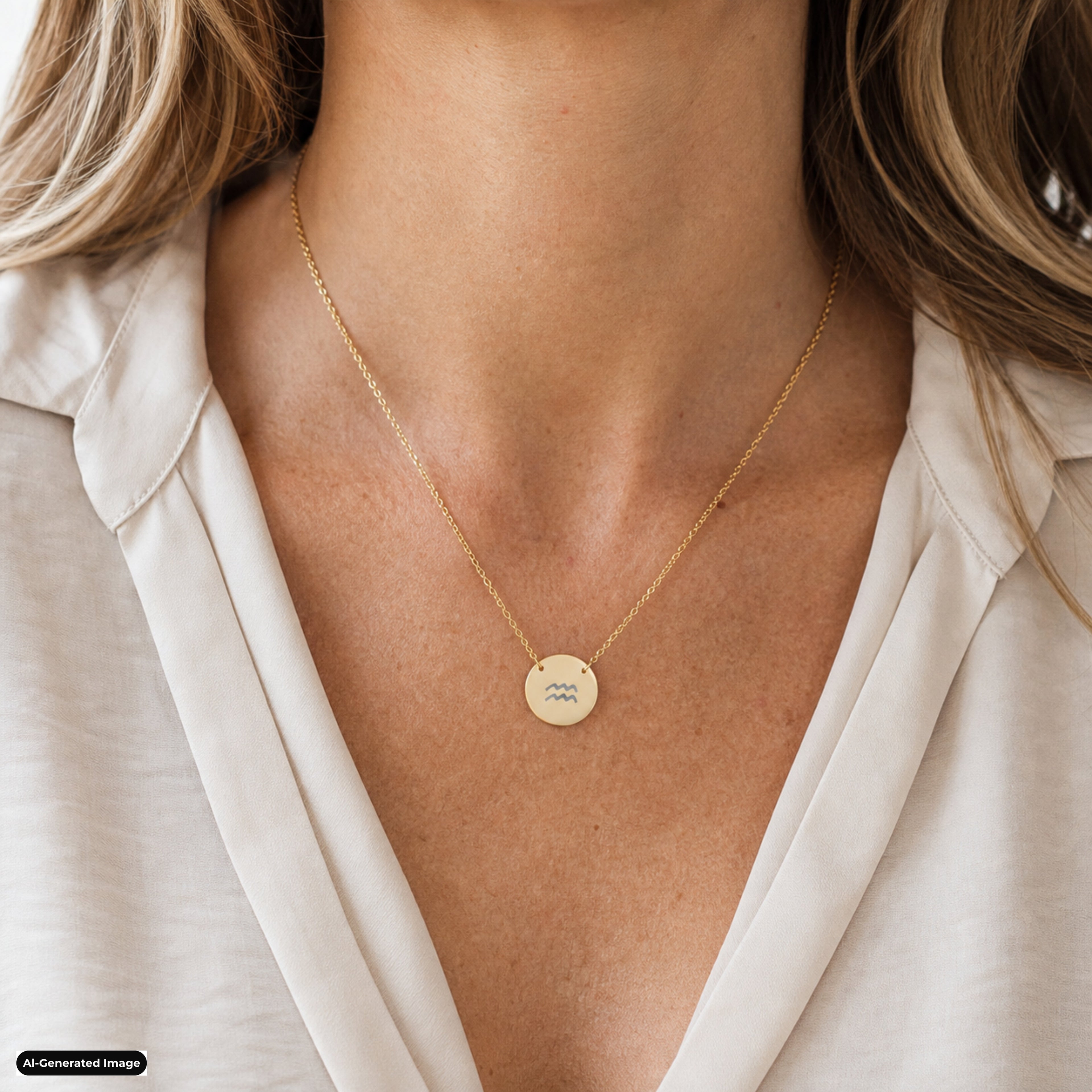 Aquarius Coin Zodiac necklace worn on model lifestyle in gold (AI-generated image)