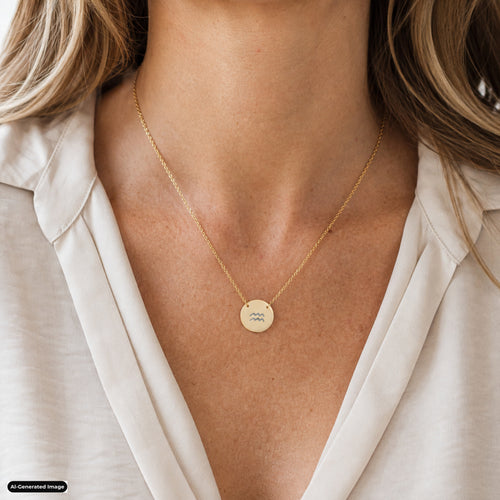 Aquarius Coin Zodiac necklace worn on model lifestyle in gold (AI-generated image)