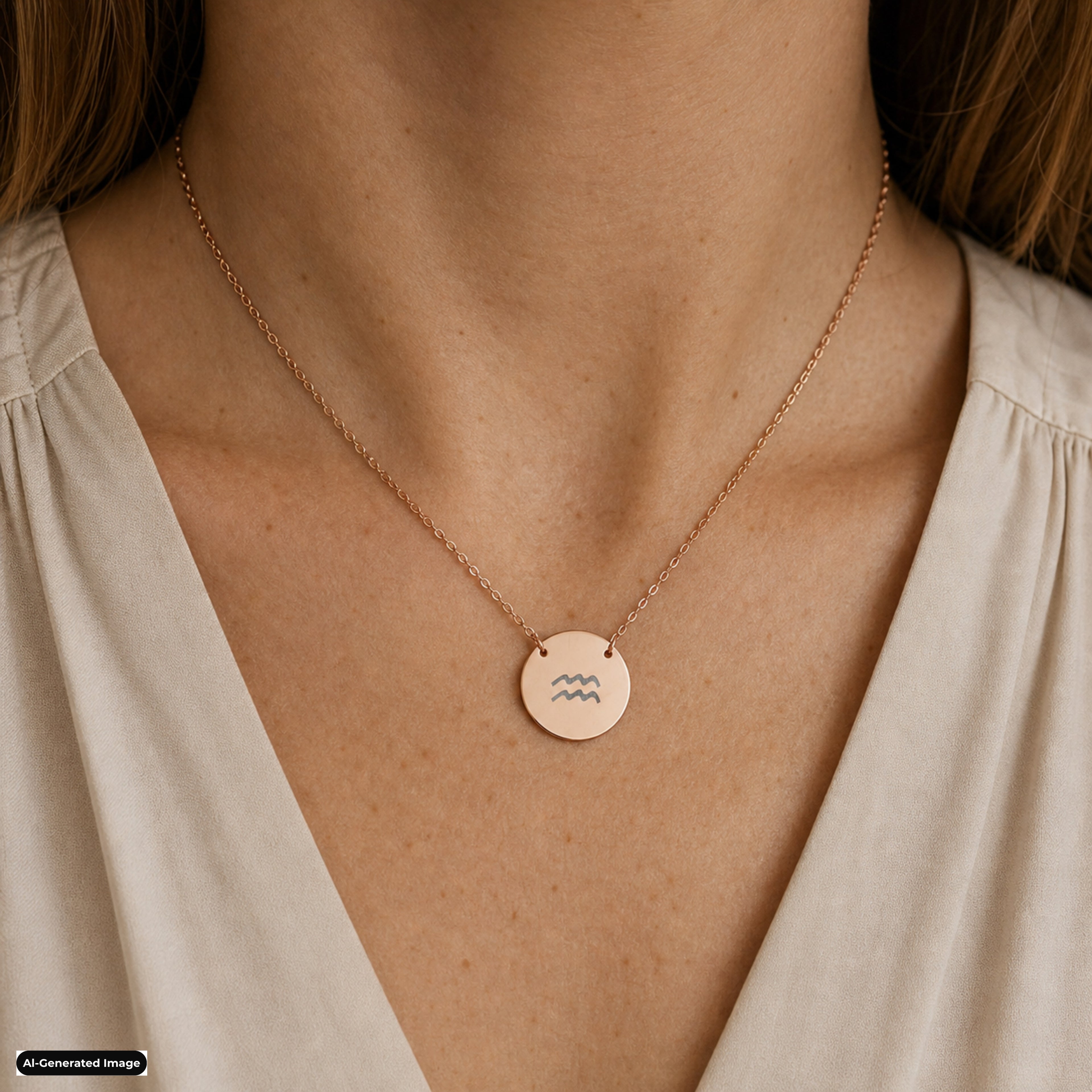 Aquarius Coin Zodiac necklace worn on model lifestyle in rose-gold (AI-generated image)