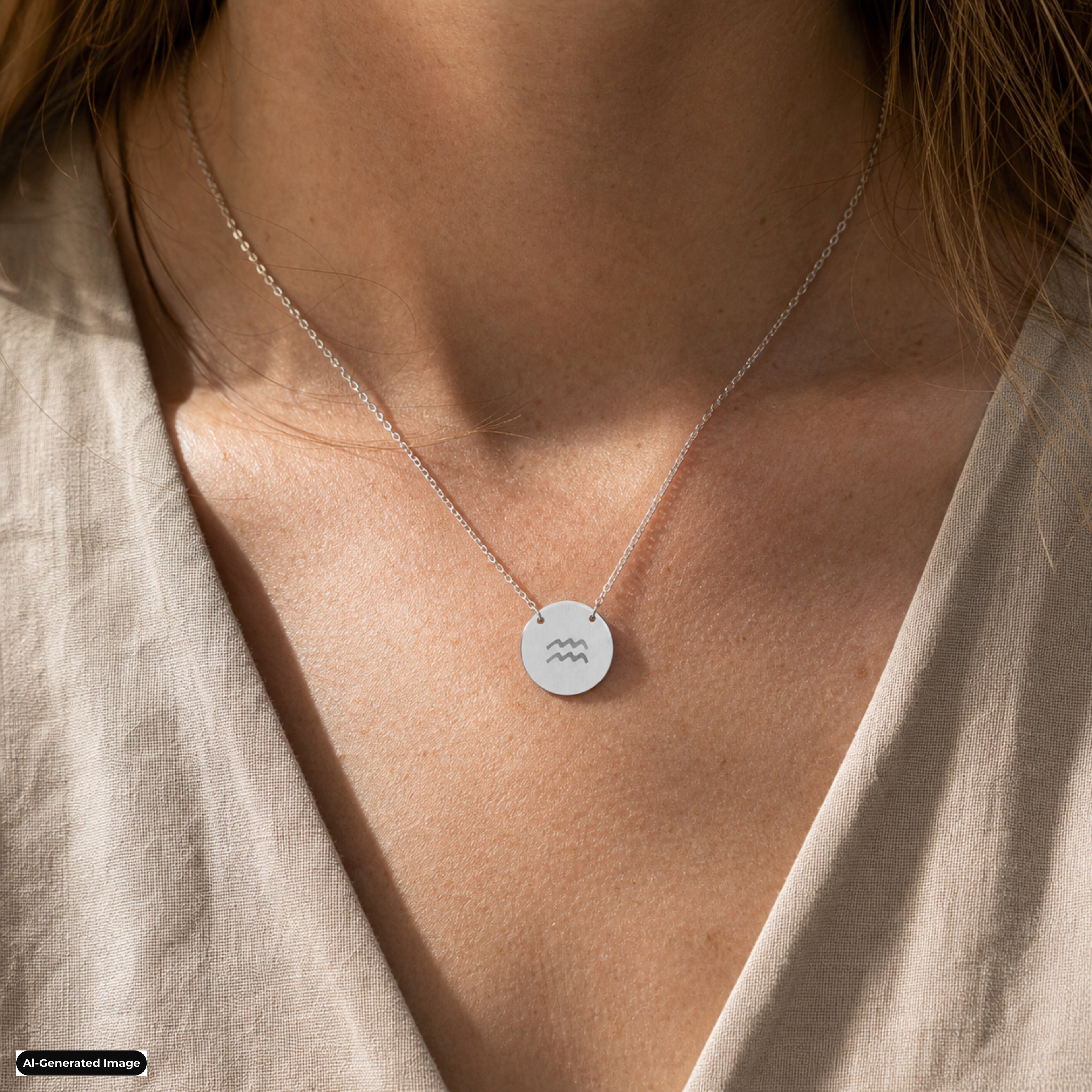 Aquarius Coin Zodiac necklace worn on model lifestyle in stainless (AI-generated image)