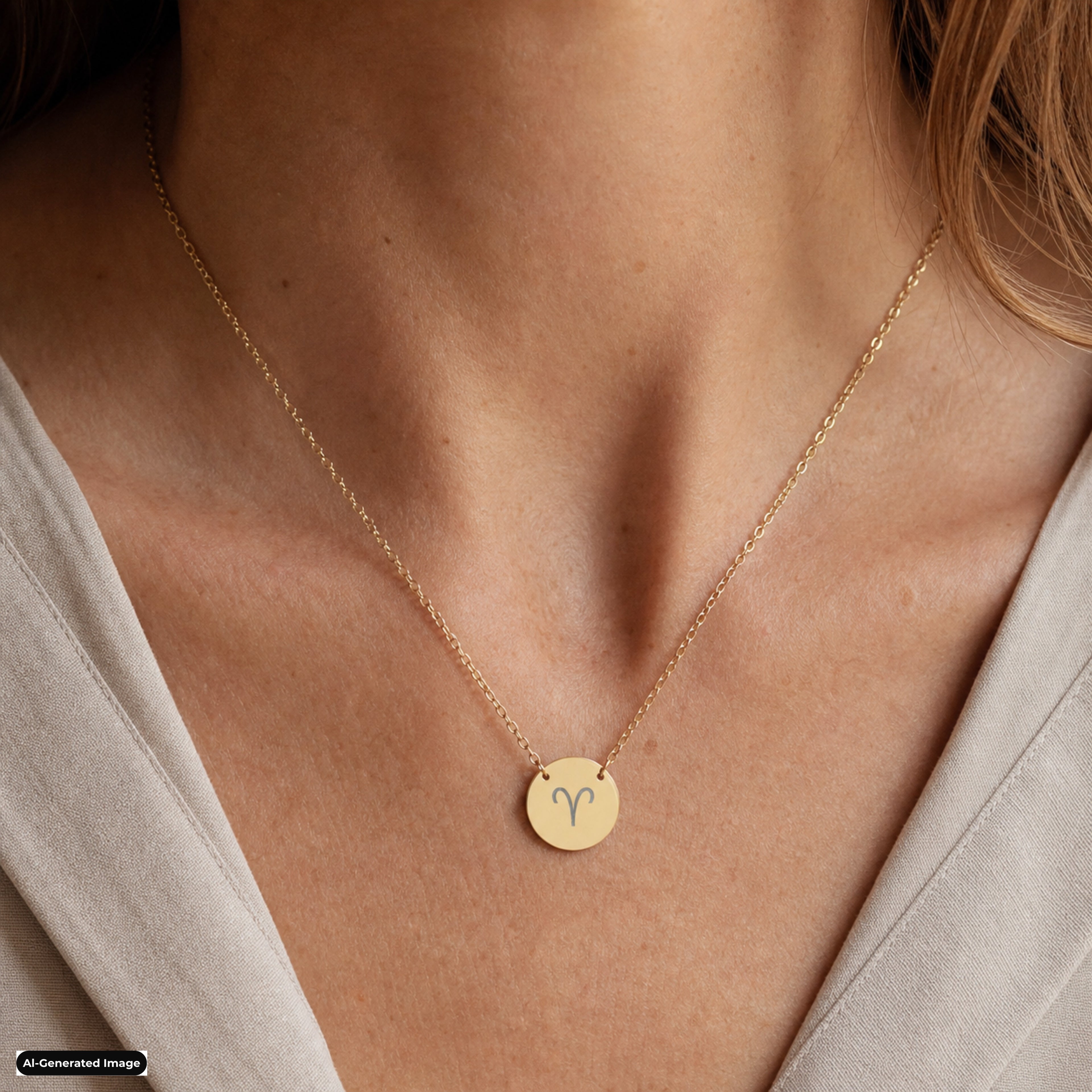 Aries Coin Zodiac necklace worn on model lifestyle in gold (AI-generated image)