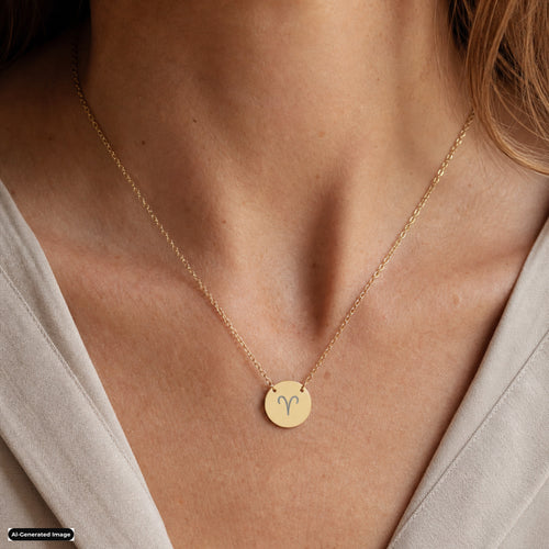 Aries Coin Zodiac necklace worn on model lifestyle in gold (AI-generated image)