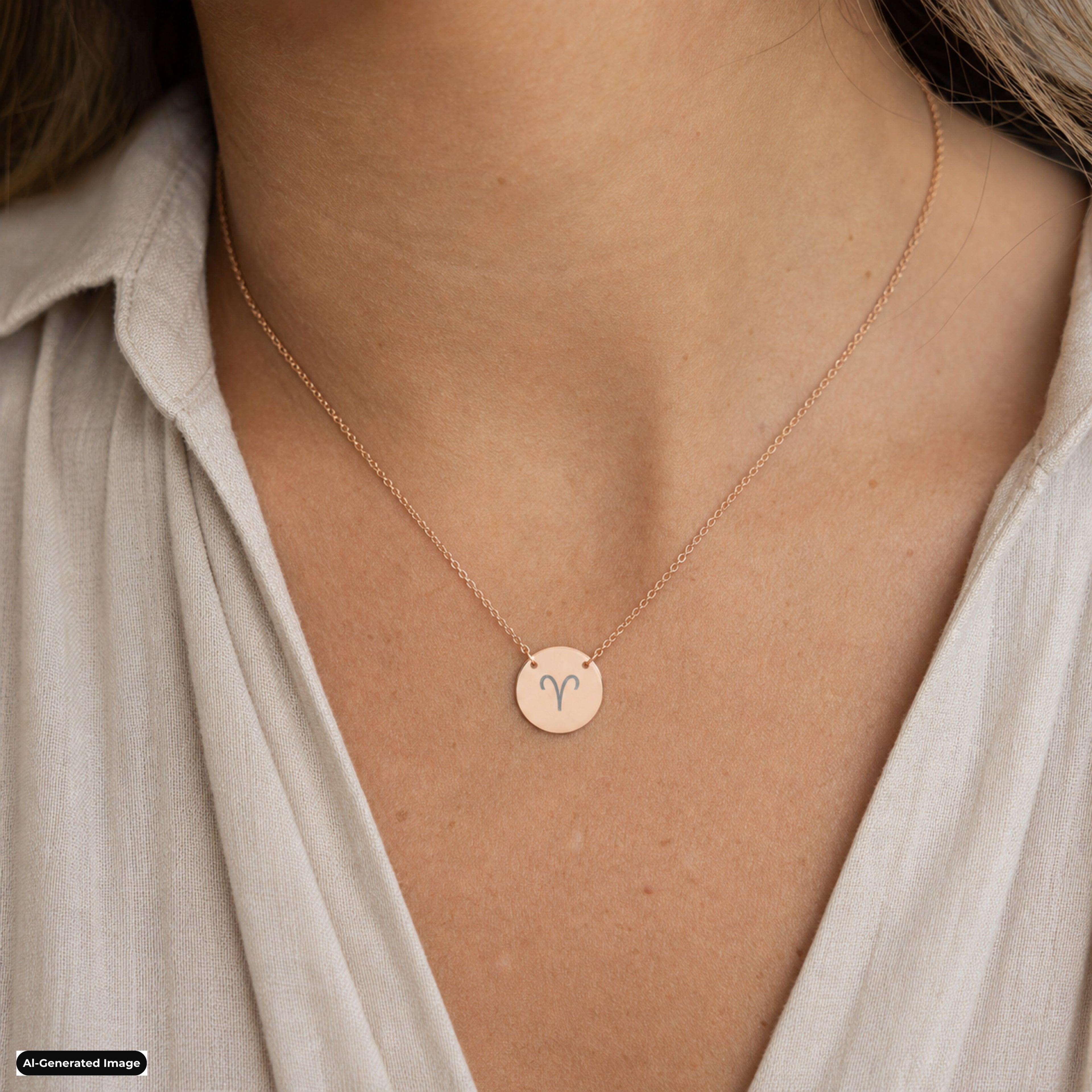 Aries Coin Zodiac necklace worn on model lifestyle in rose-gold (AI-generated image)