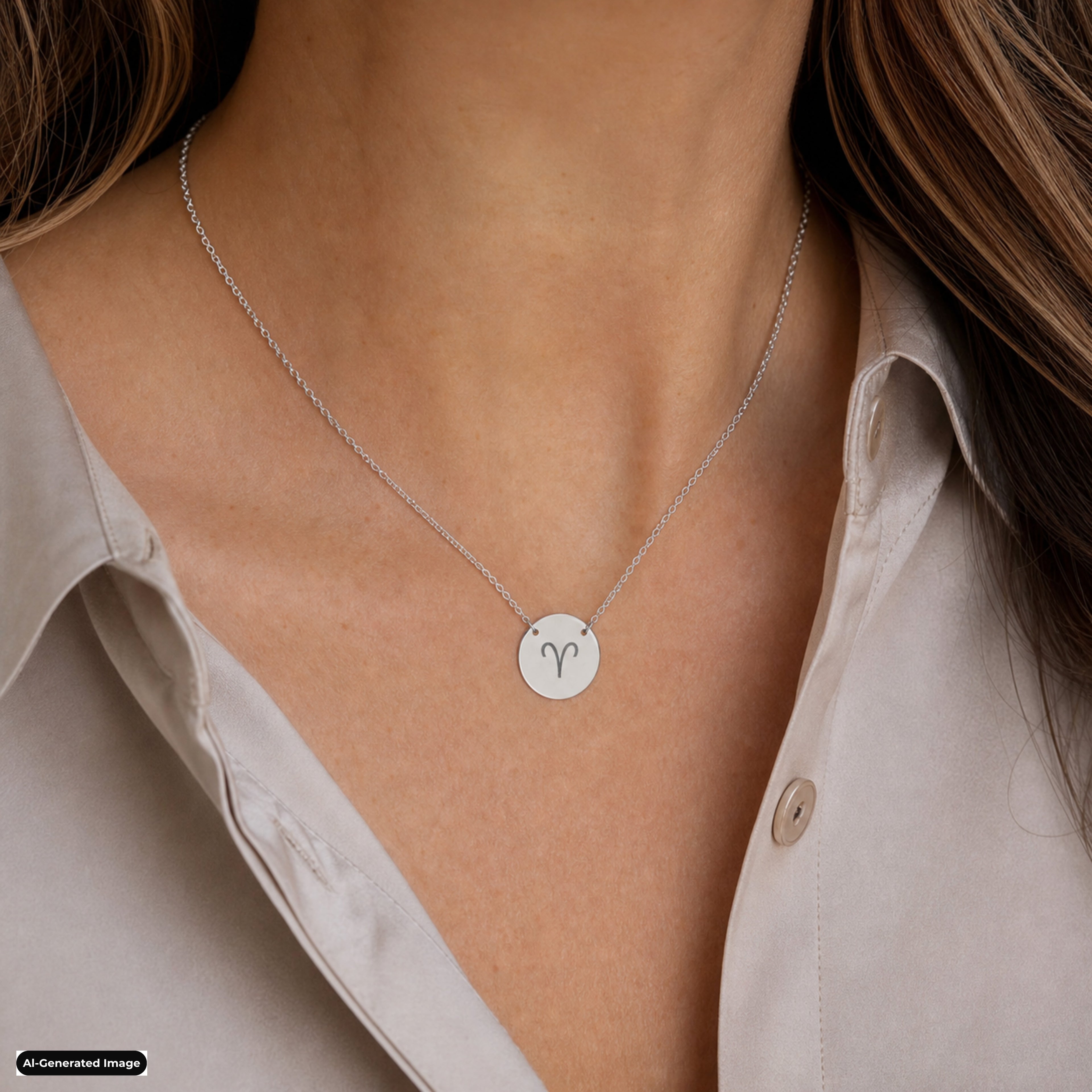 Aries Coin Zodiac necklace worn on model lifestyle in stainless (AI-generated image)