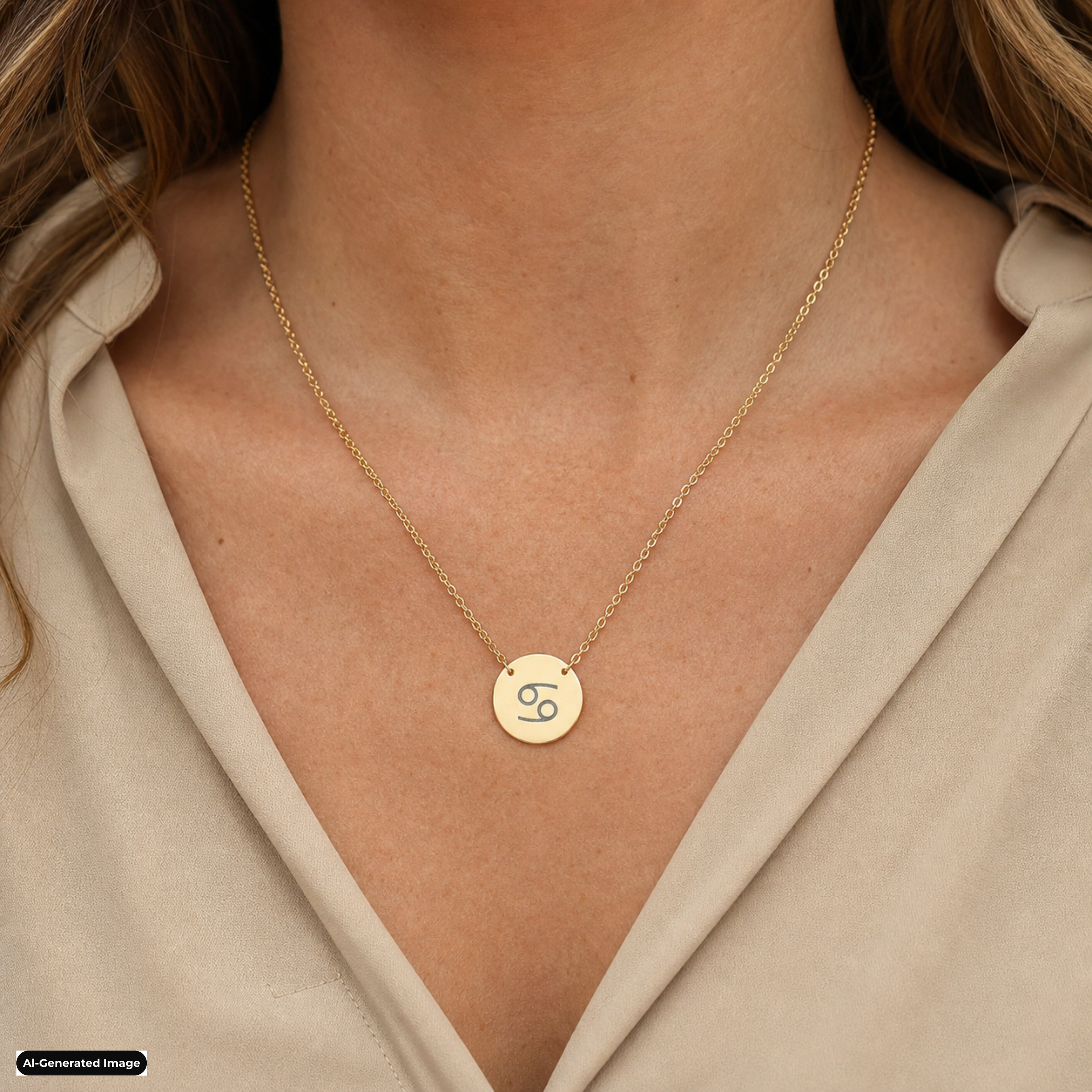 Cancer Coin Zodiac necklace worn on model lifestyle in gold (AI-generated image)