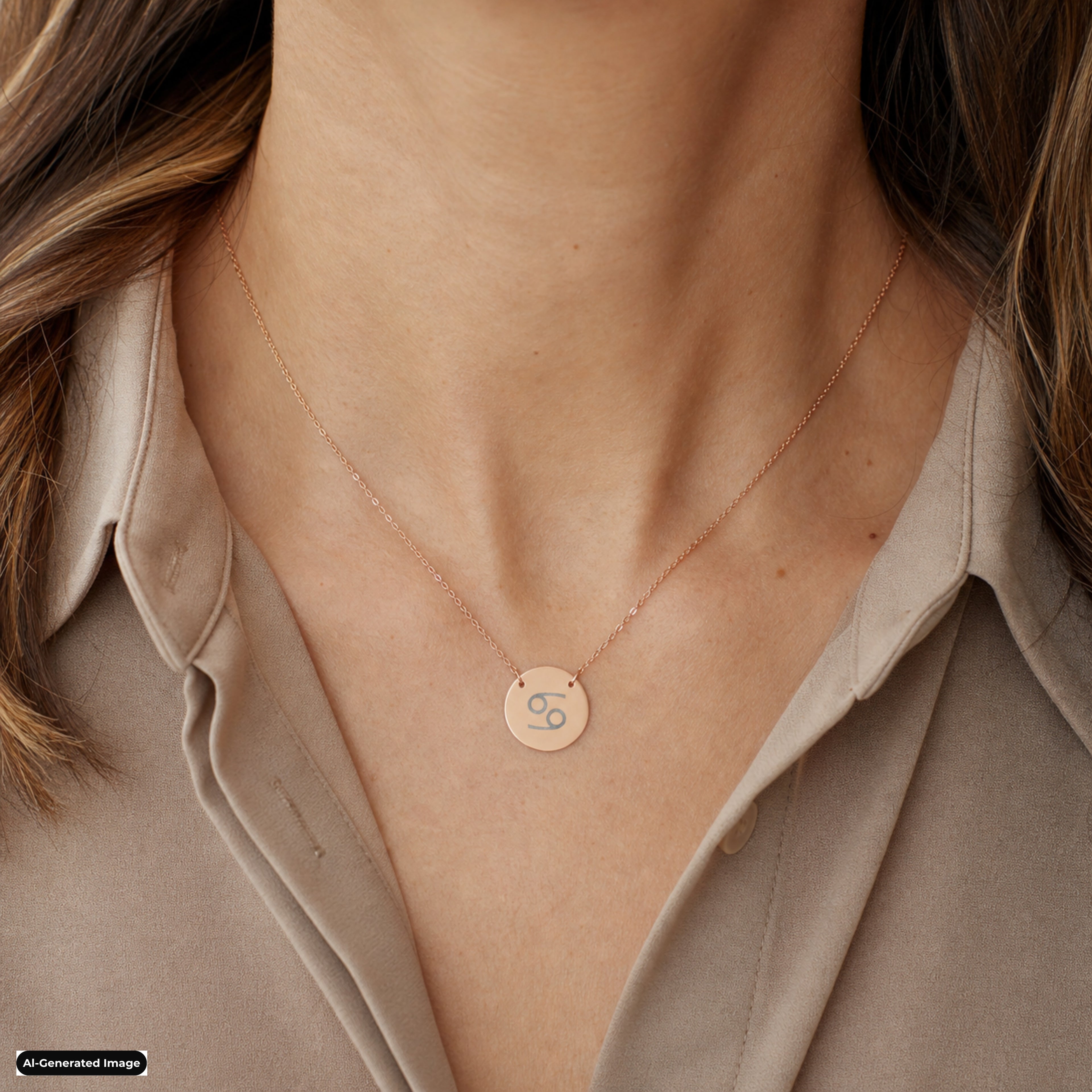 Cancer Coin Zodiac necklace worn on model lifestyle in rose-gold (AI-generated image)