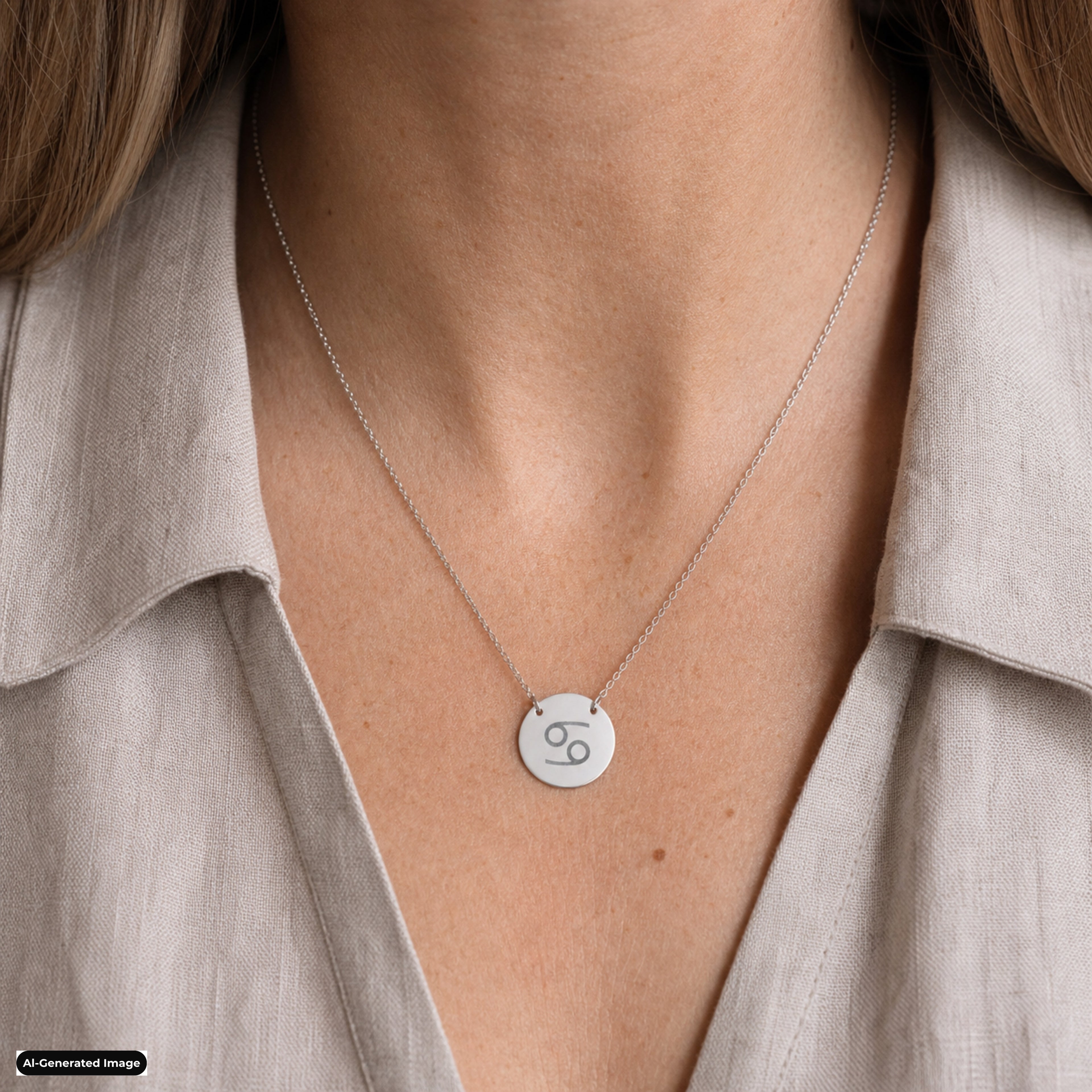 Cancer Coin Zodiac necklace worn on model lifestyle in stainless (AI-generated image)