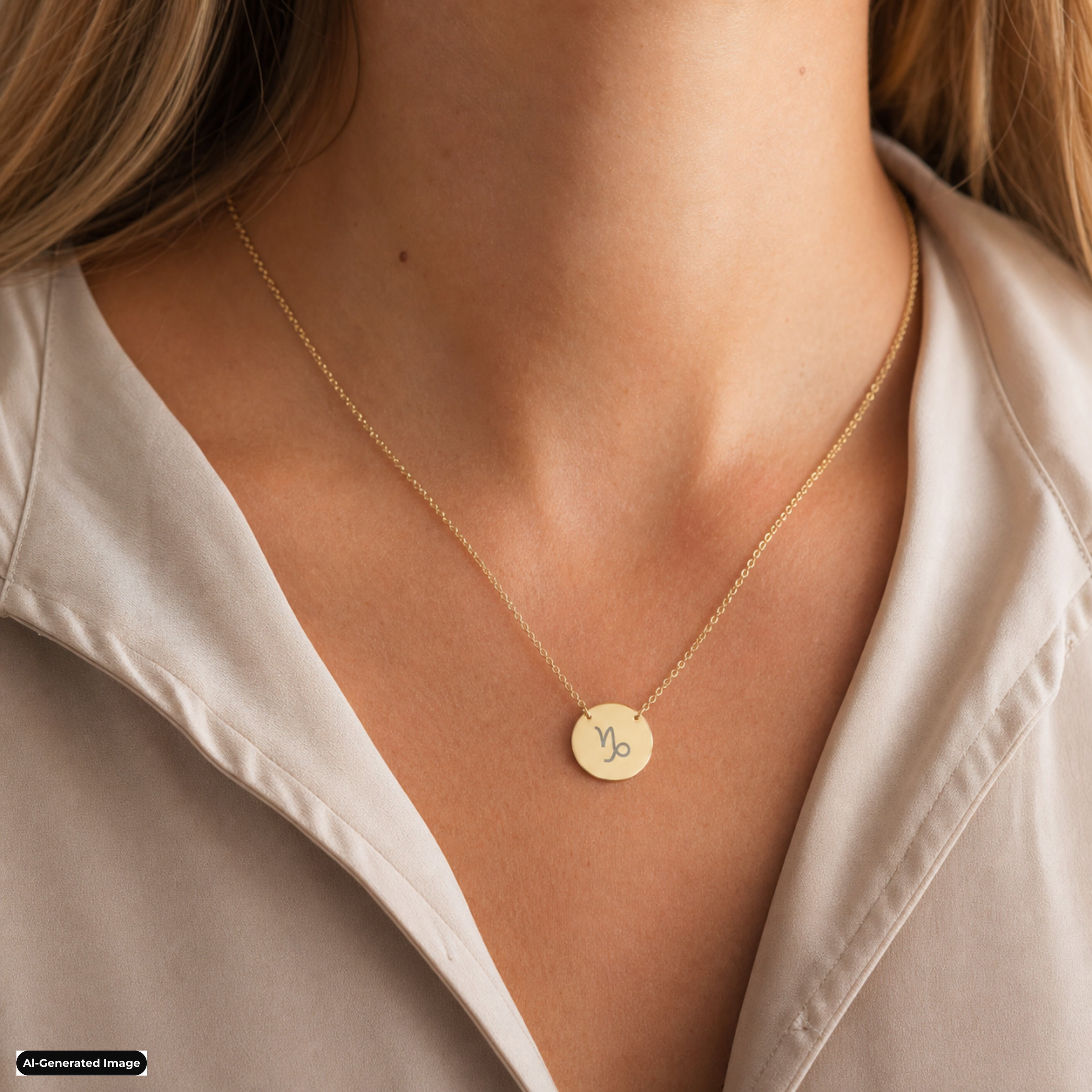 Capricorn Coin Zodiac necklace worn on model lifestyle in gold (AI-generated image)