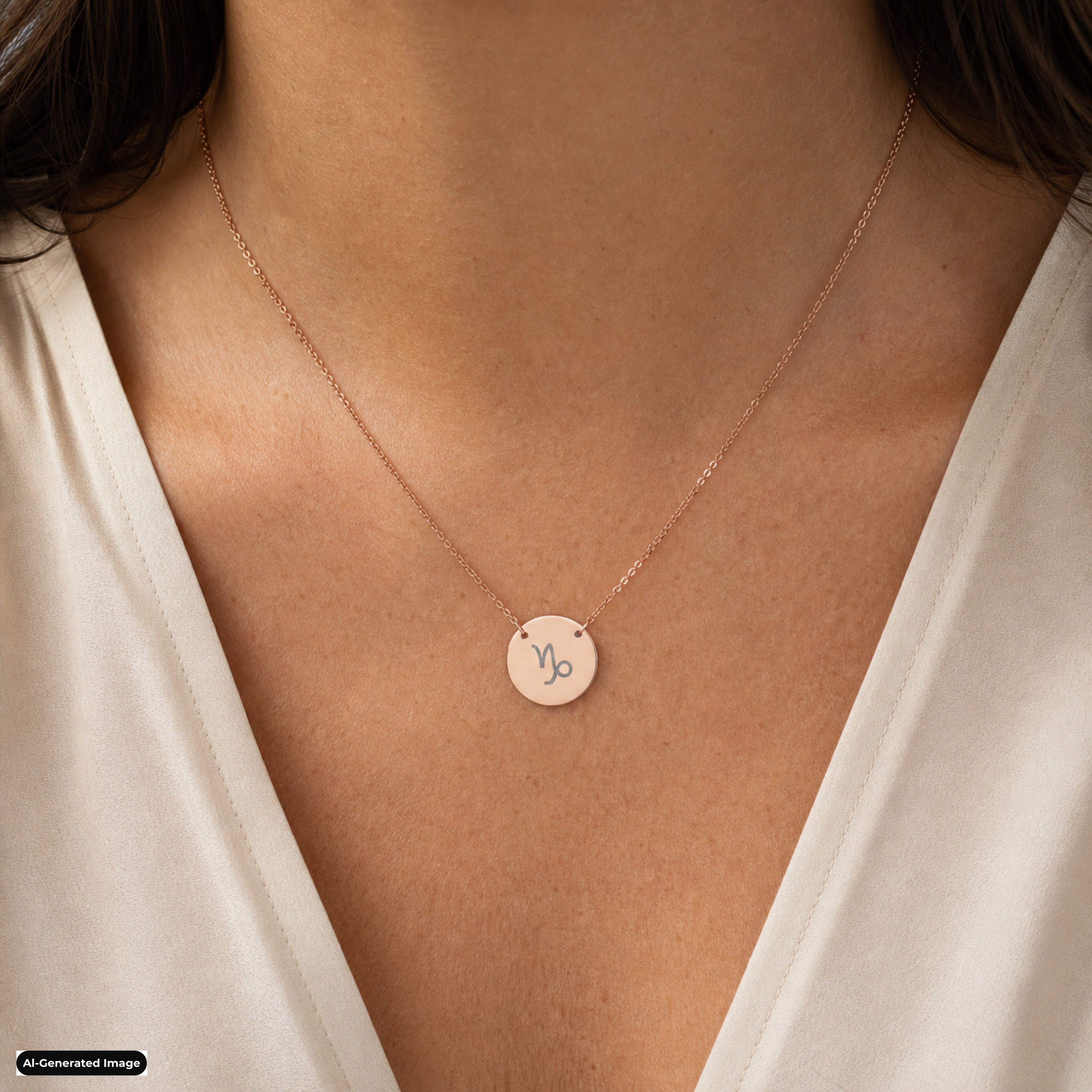 Capricorn zodiac coin necklace worn on model in 18K rose gold PVD - engraved star sign pendant on neckline (AI-generated image)