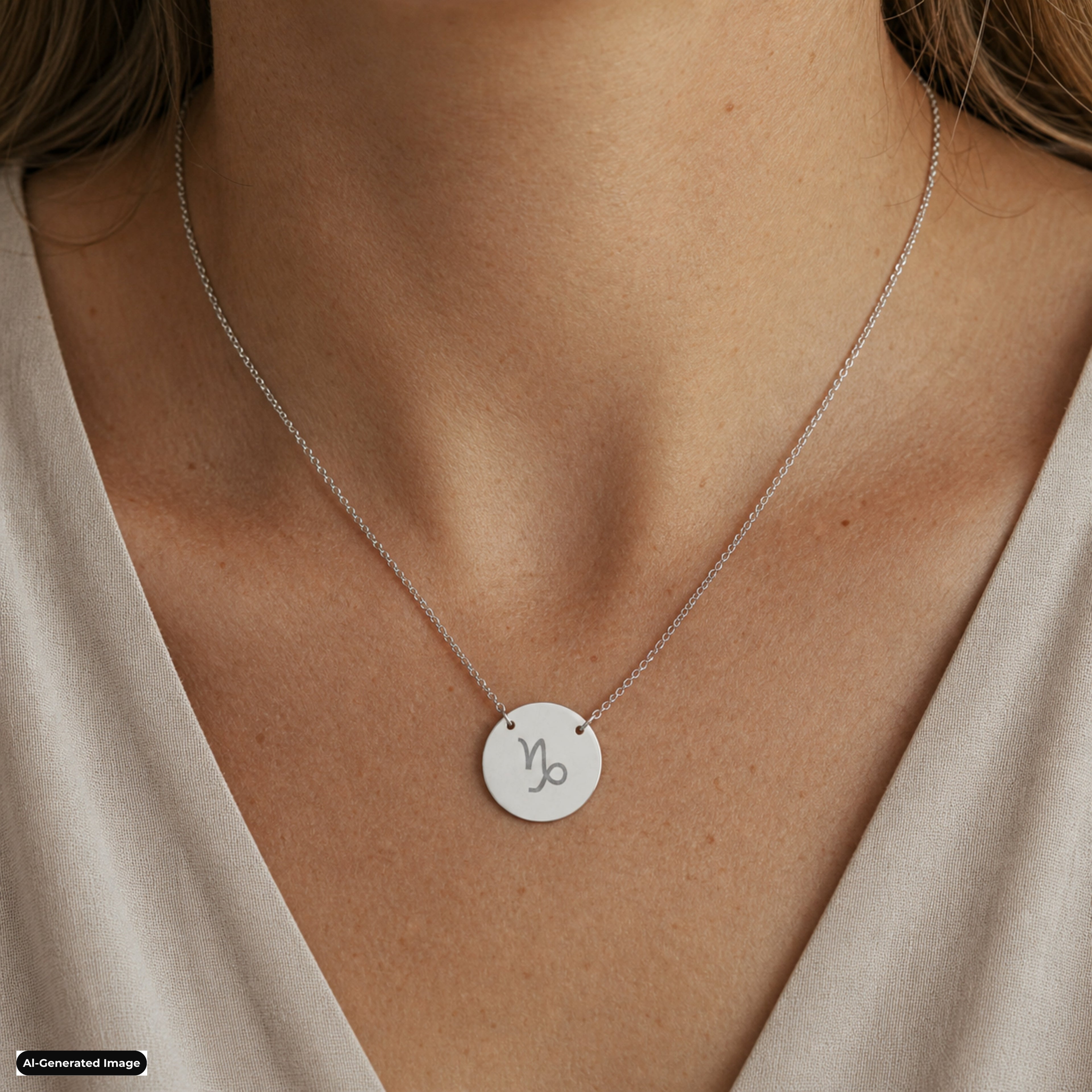 Capricorn zodiac coin necklace worn on model in stainless steel - engraved star sign pendant on neckline (AI-generated image)