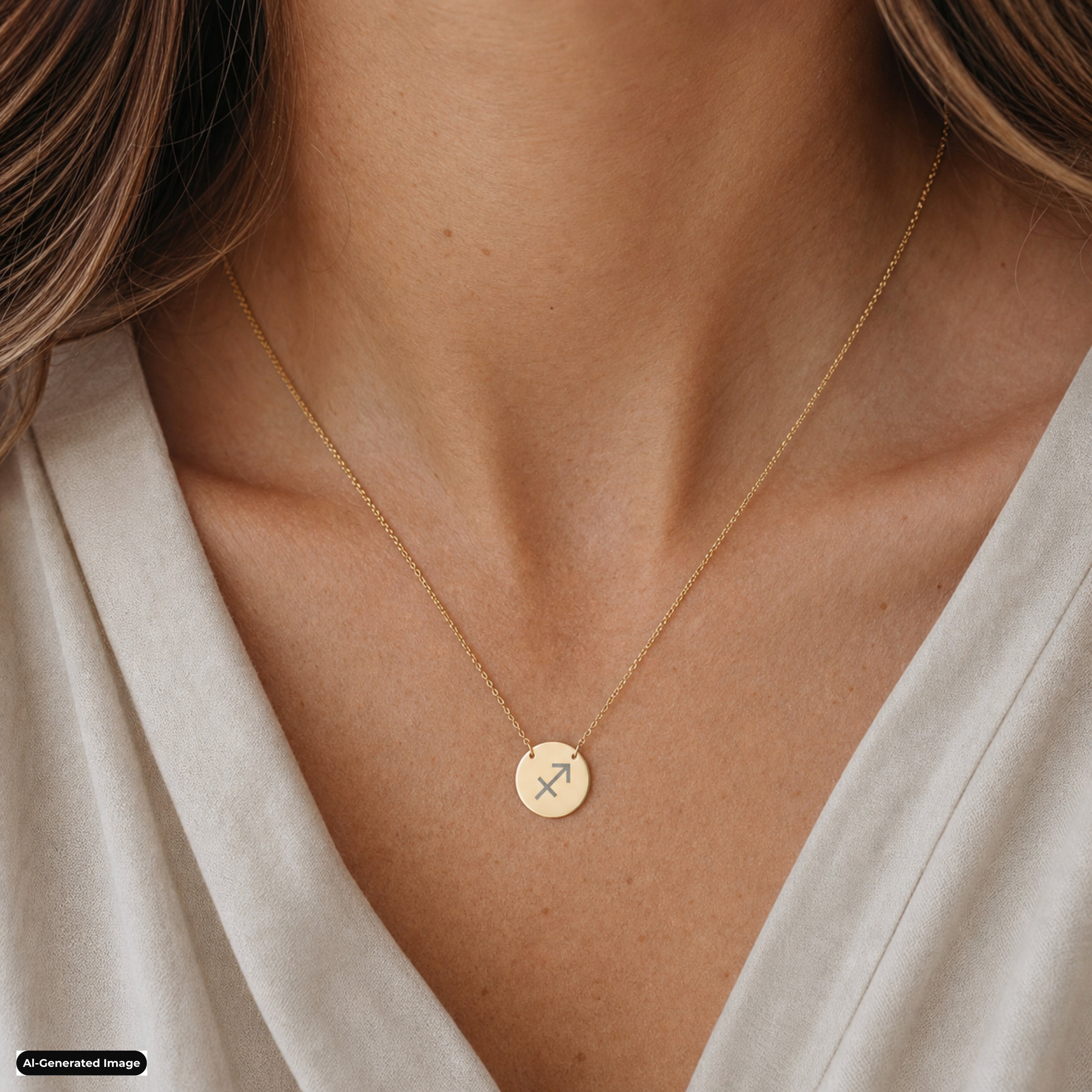 Gemini Coin Zodiac necklace worn on model lifestyle in gold (AI-generated image)