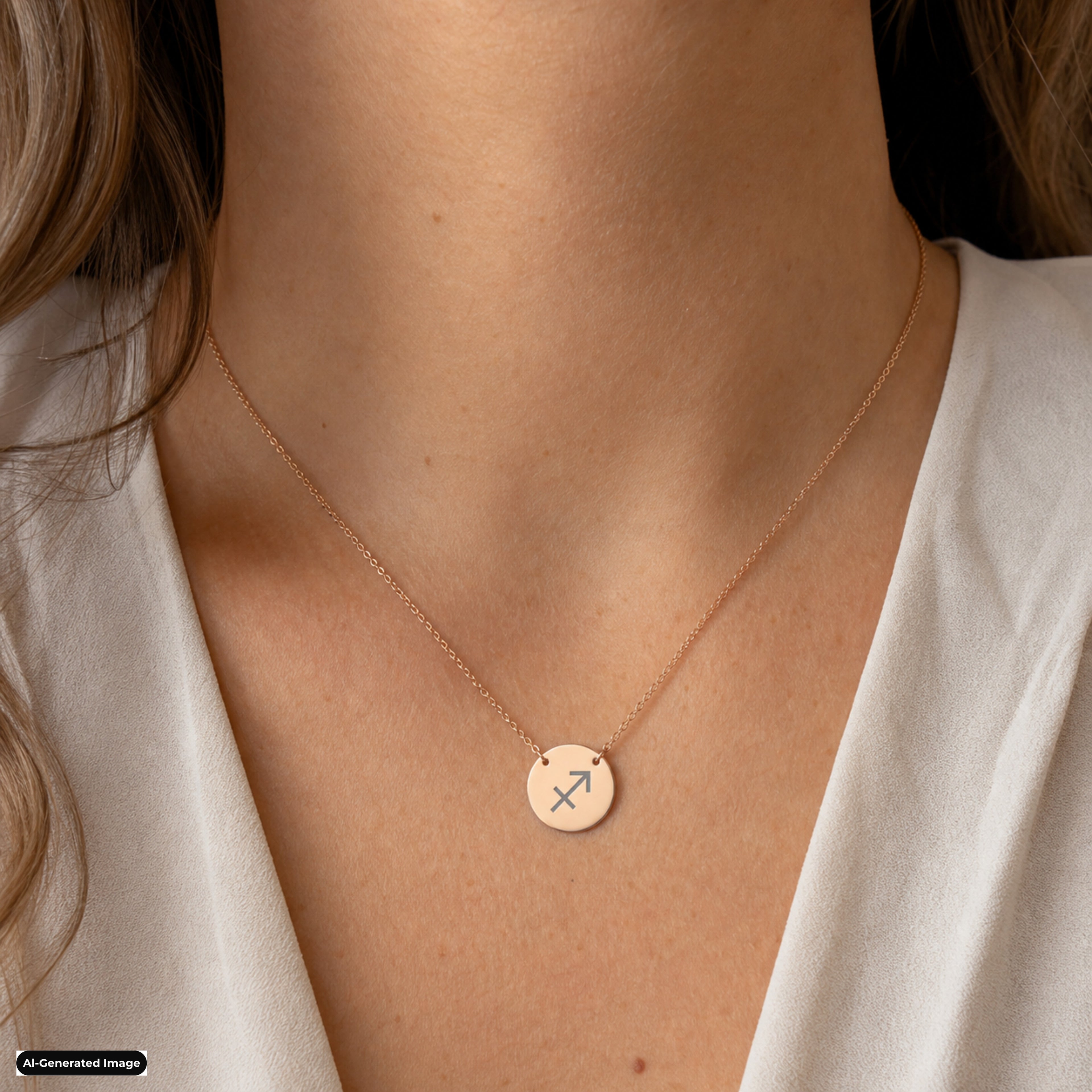 Gemini Coin Zodiac necklace worn on model lifestyle in rose-gold (AI-generated image)