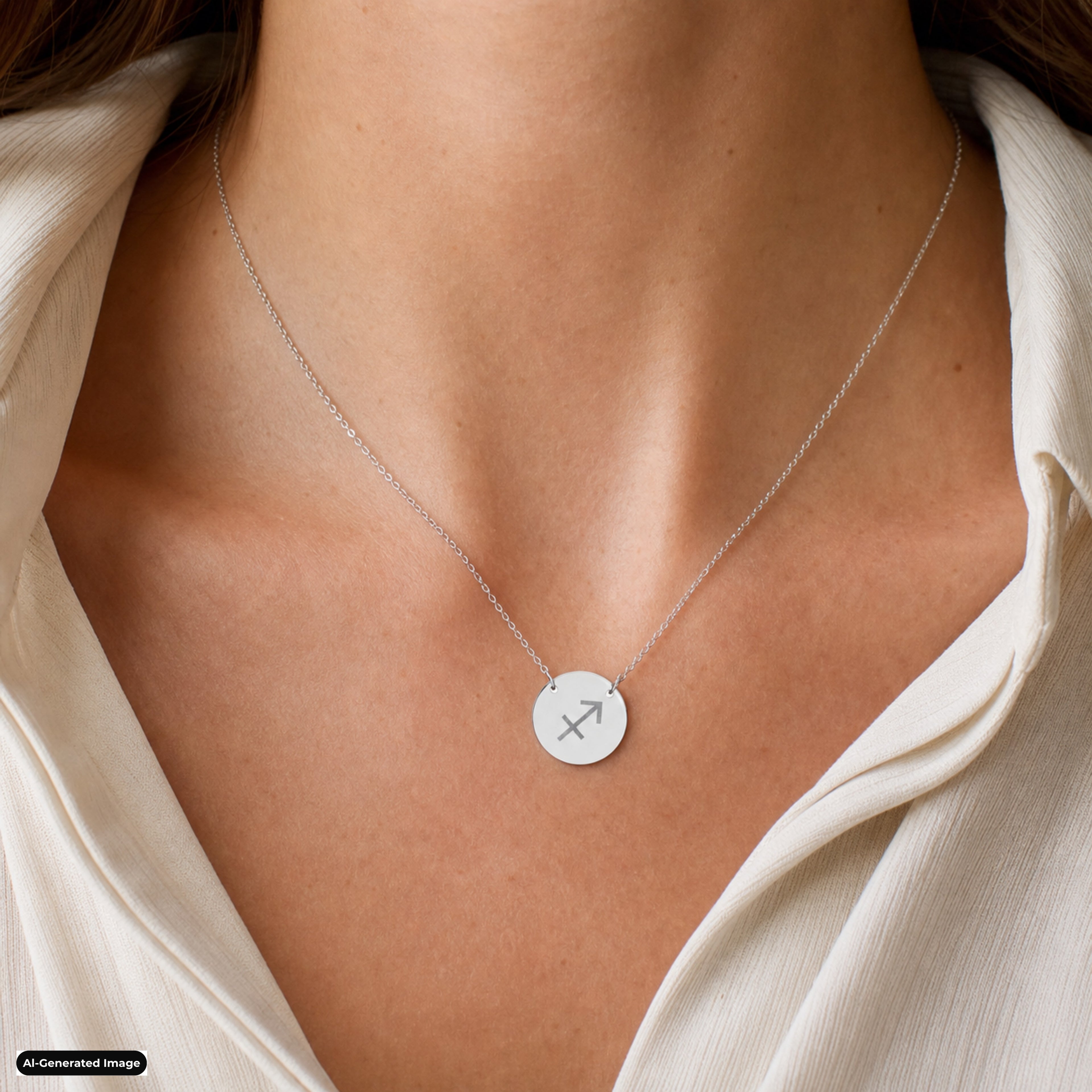 Gemini Coin Zodiac necklace worn on model lifestyle in stainless (AI-generated image)