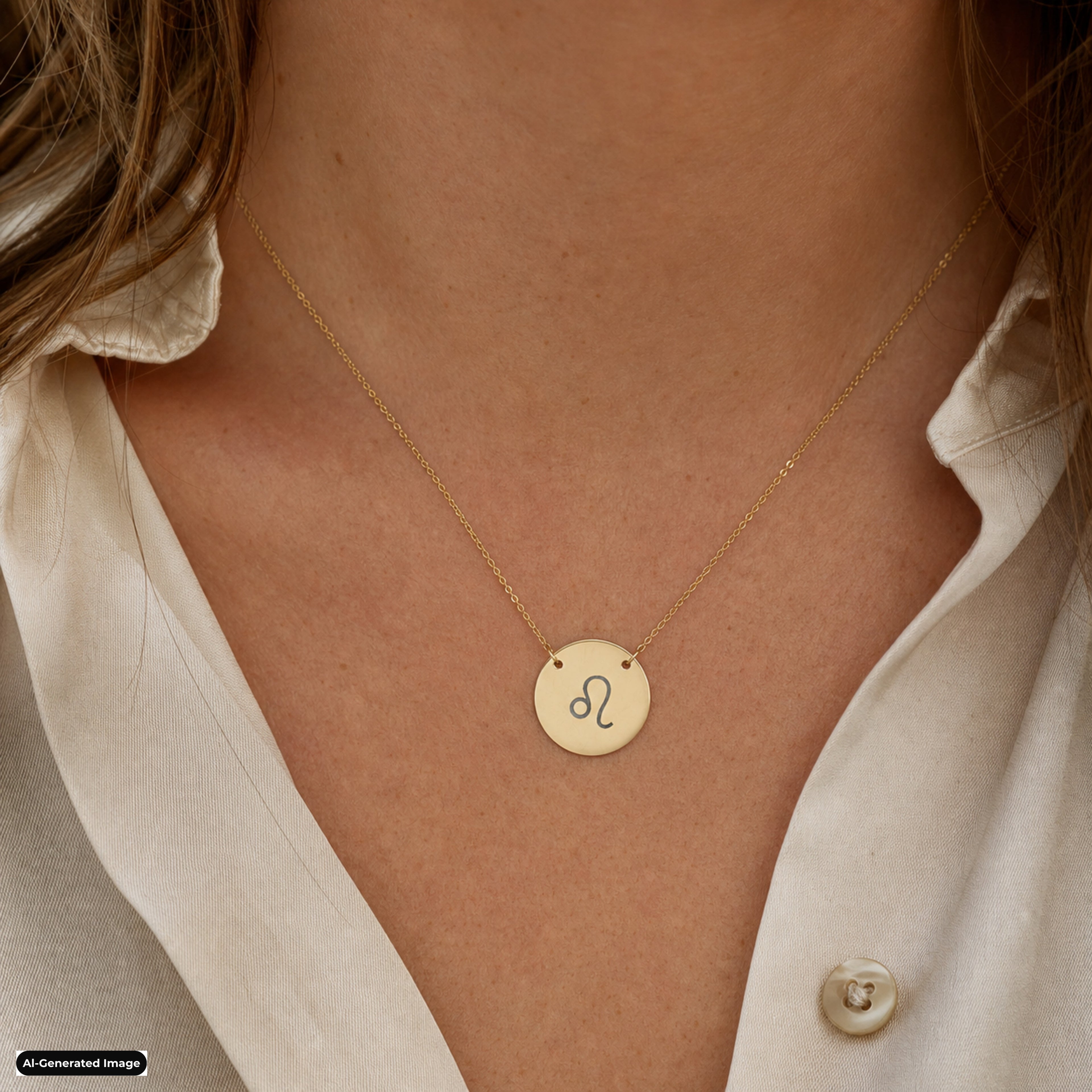Leo Coin Zodiac necklace worn on model lifestyle in gold (AI-generated image)