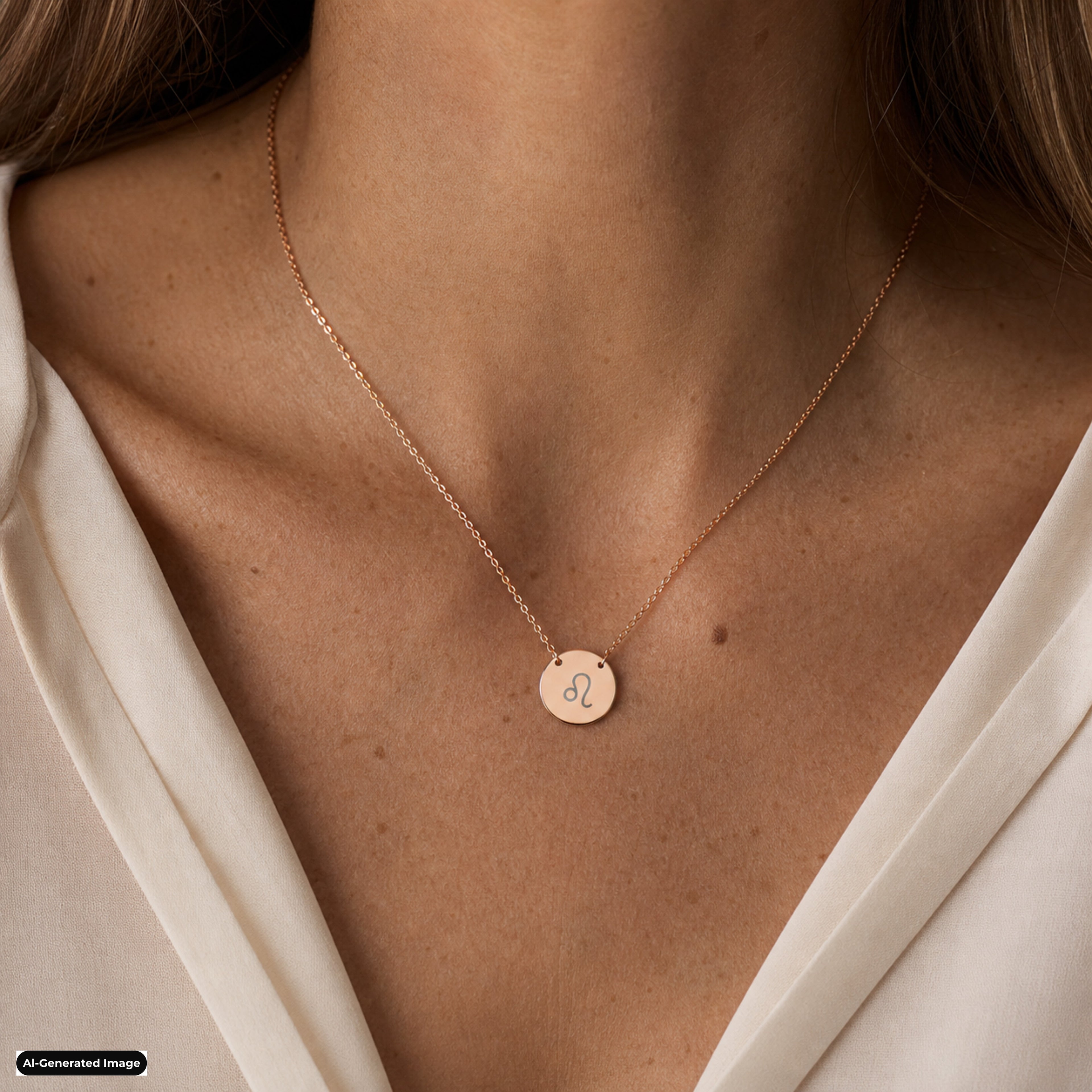 Leo Coin Zodiac necklace worn on model lifestyle in rose-gold (AI-generated image)