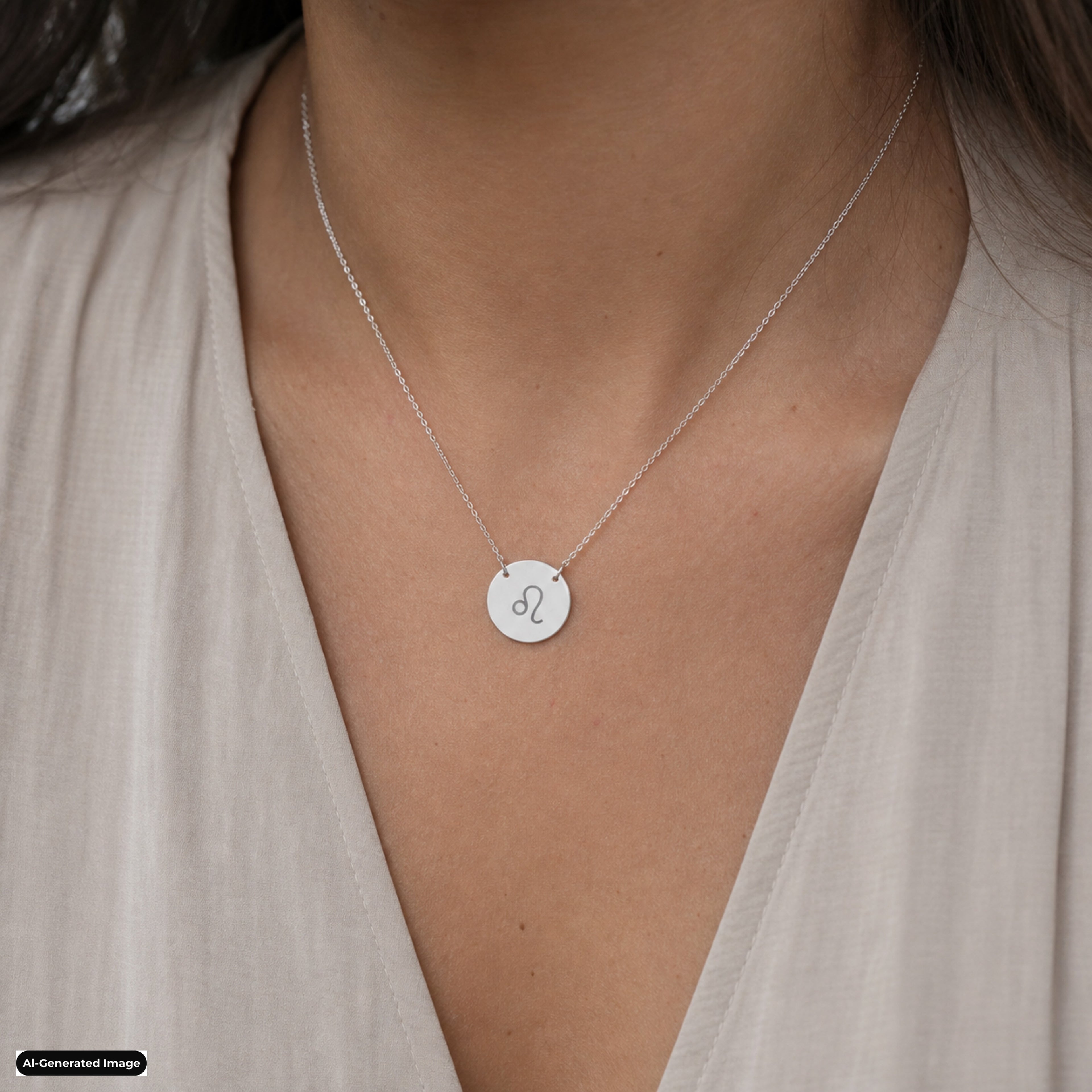 Leo Coin Zodiac necklace worn on model lifestyle in stainless (AI-generated image)