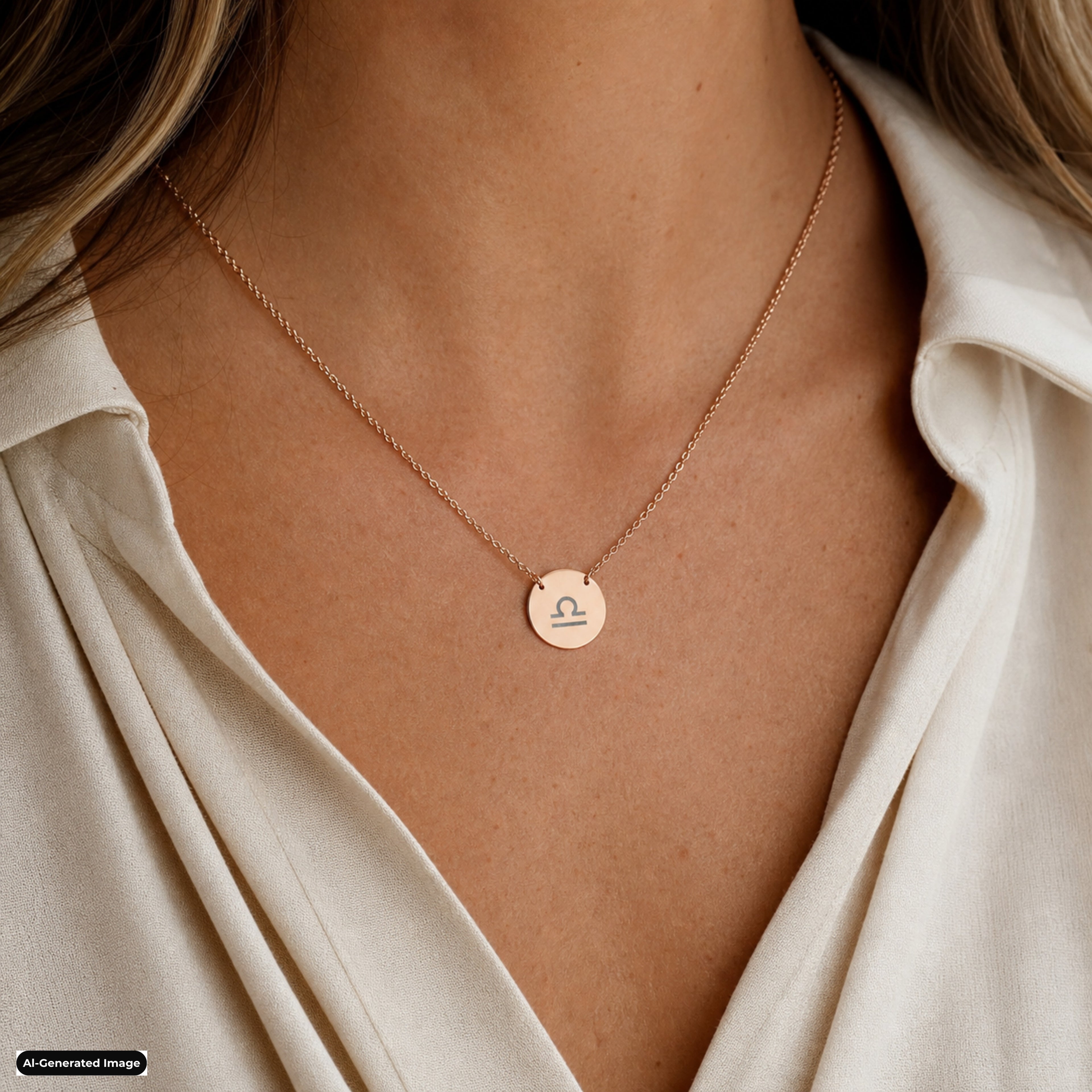 Libra Coin Zodiac necklace worn on model lifestyle in rose-gold (AI-generated image)