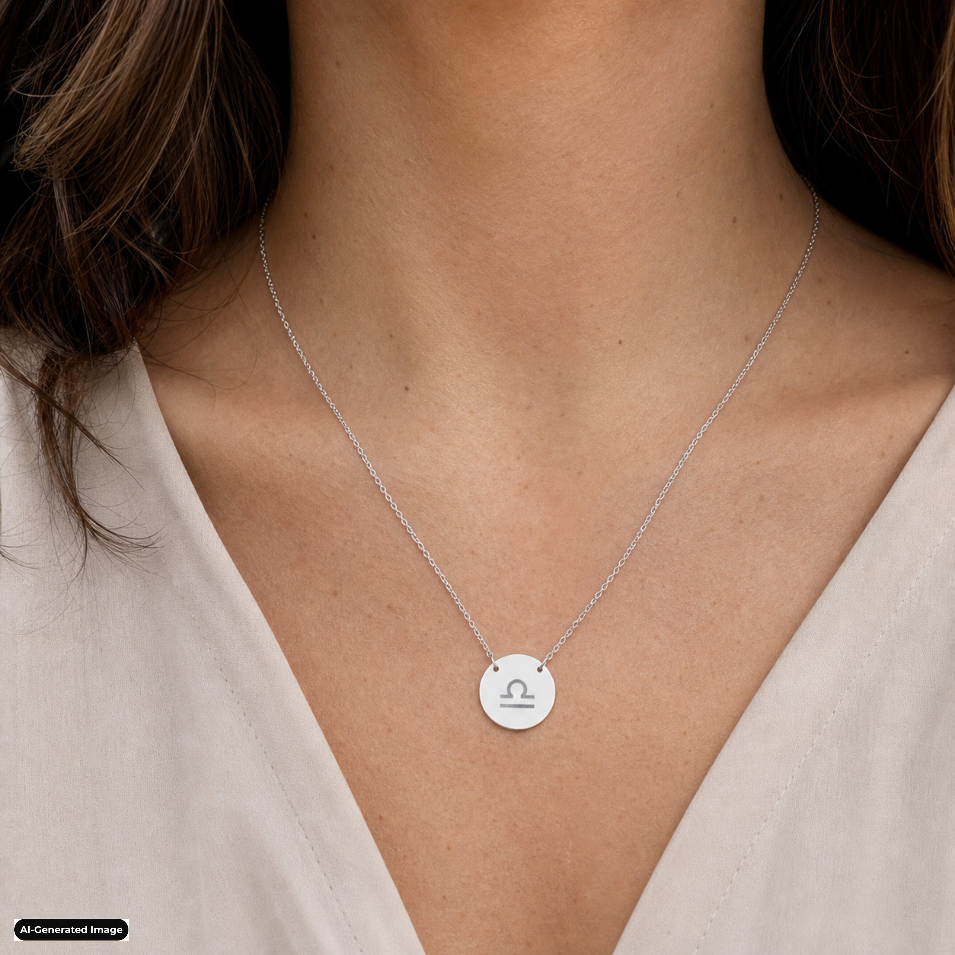 Libra Coin Zodiac necklace worn on model lifestyle in stainless (AI-generated image)