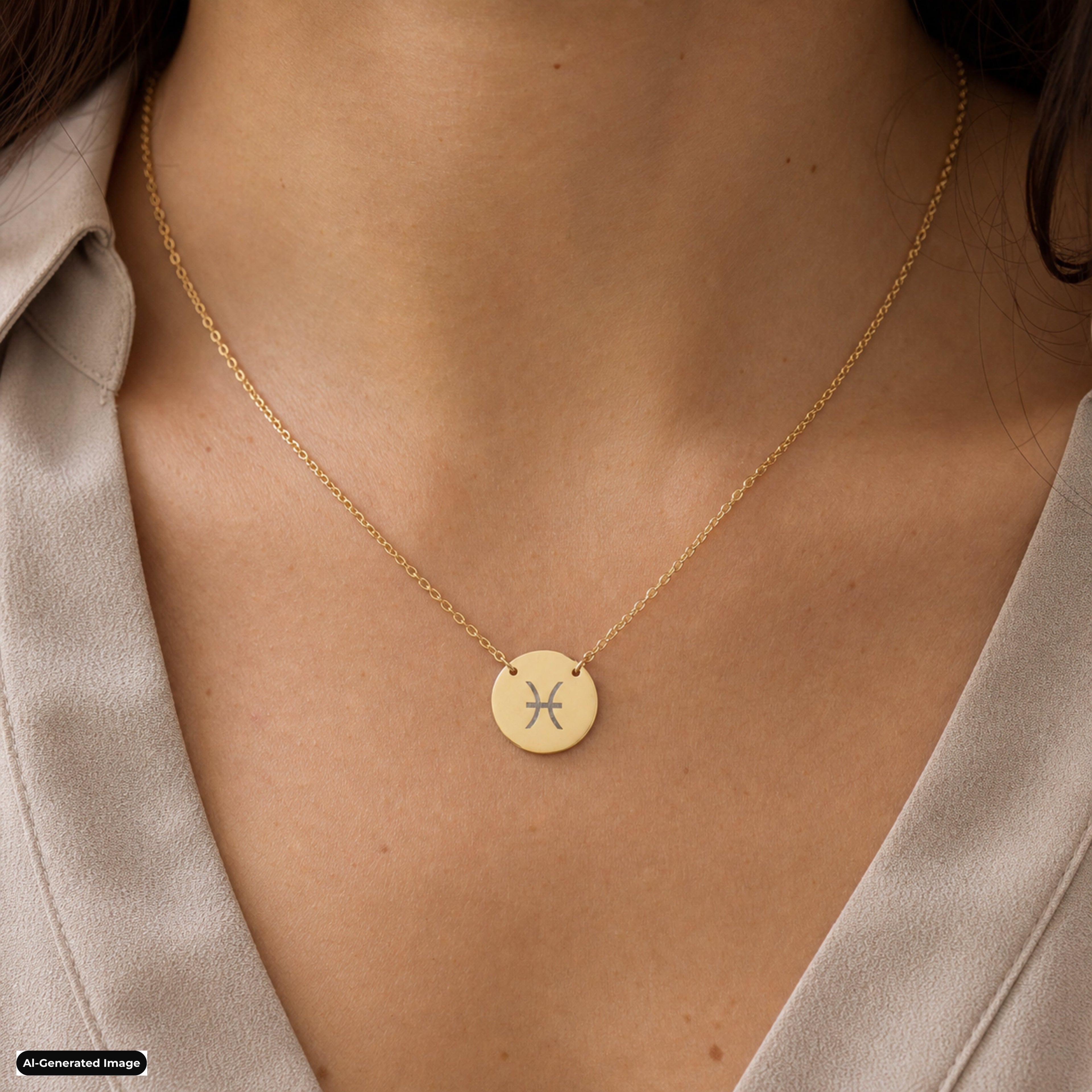 Pisces Coin Zodiac necklace worn on model lifestyle in gold (AI-generated image)