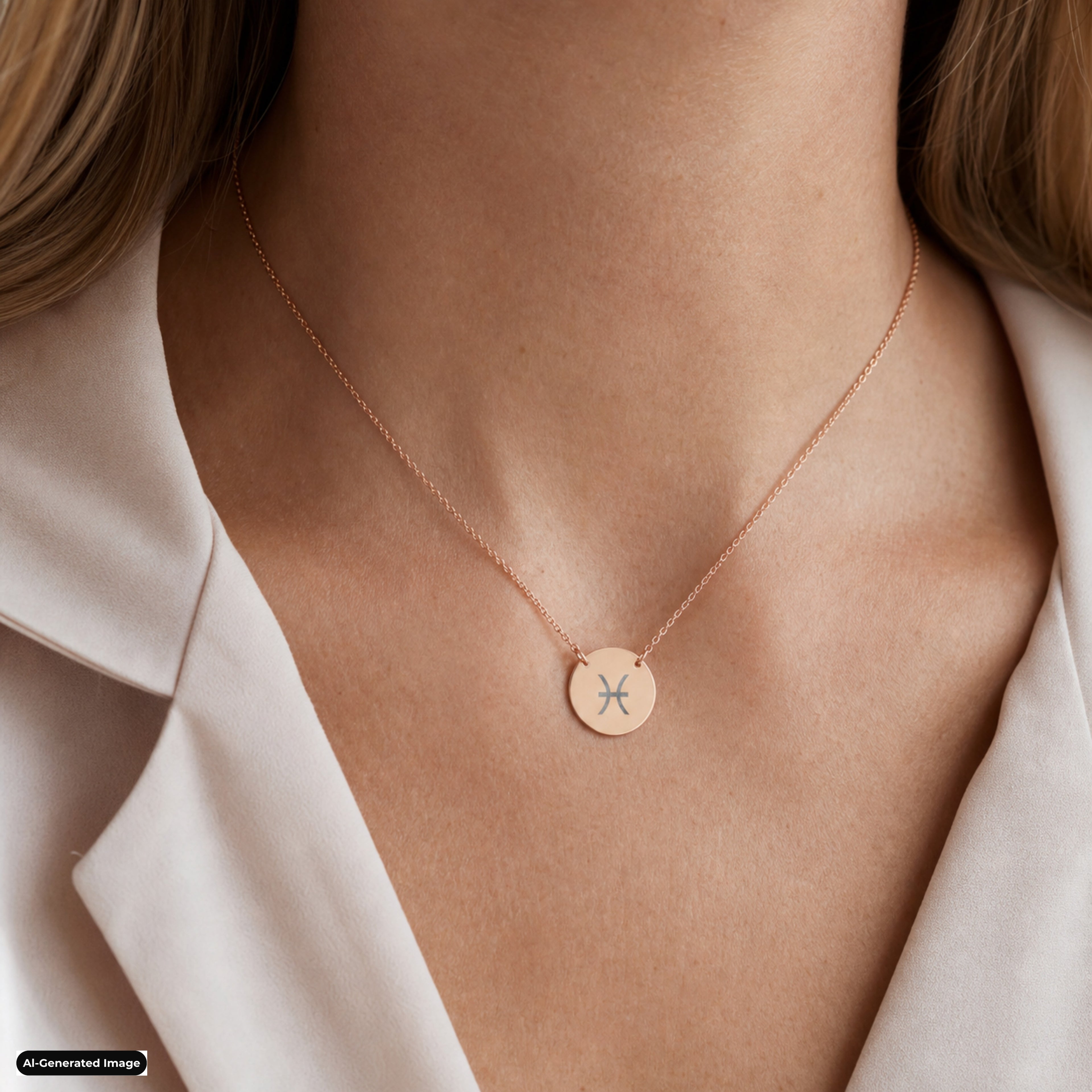 Pisces Coin Zodiac necklace worn on model lifestyle in rose-gold (AI-generated image)