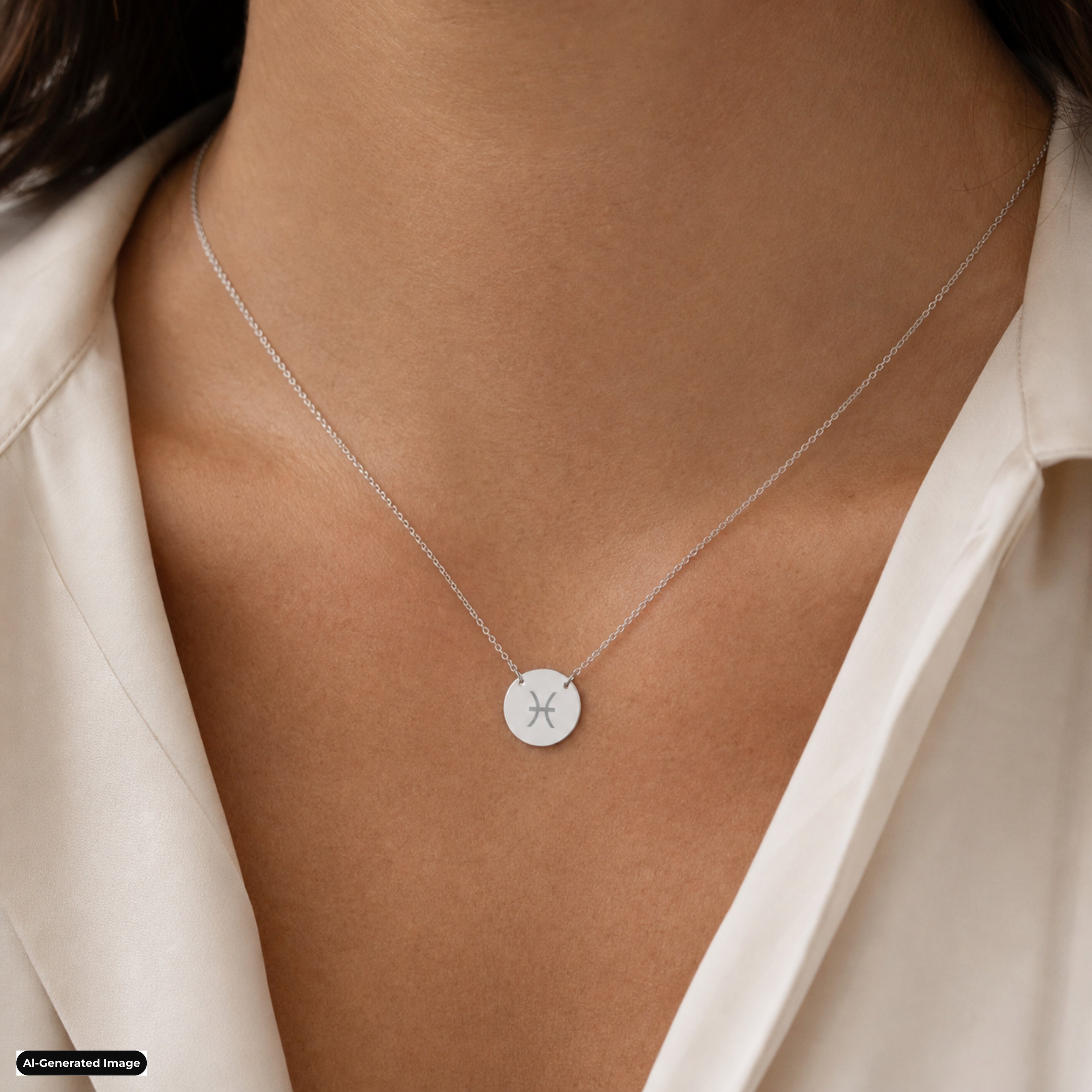 Pisces Coin Zodiac necklace worn on model lifestyle in stainless (AI-generated image)