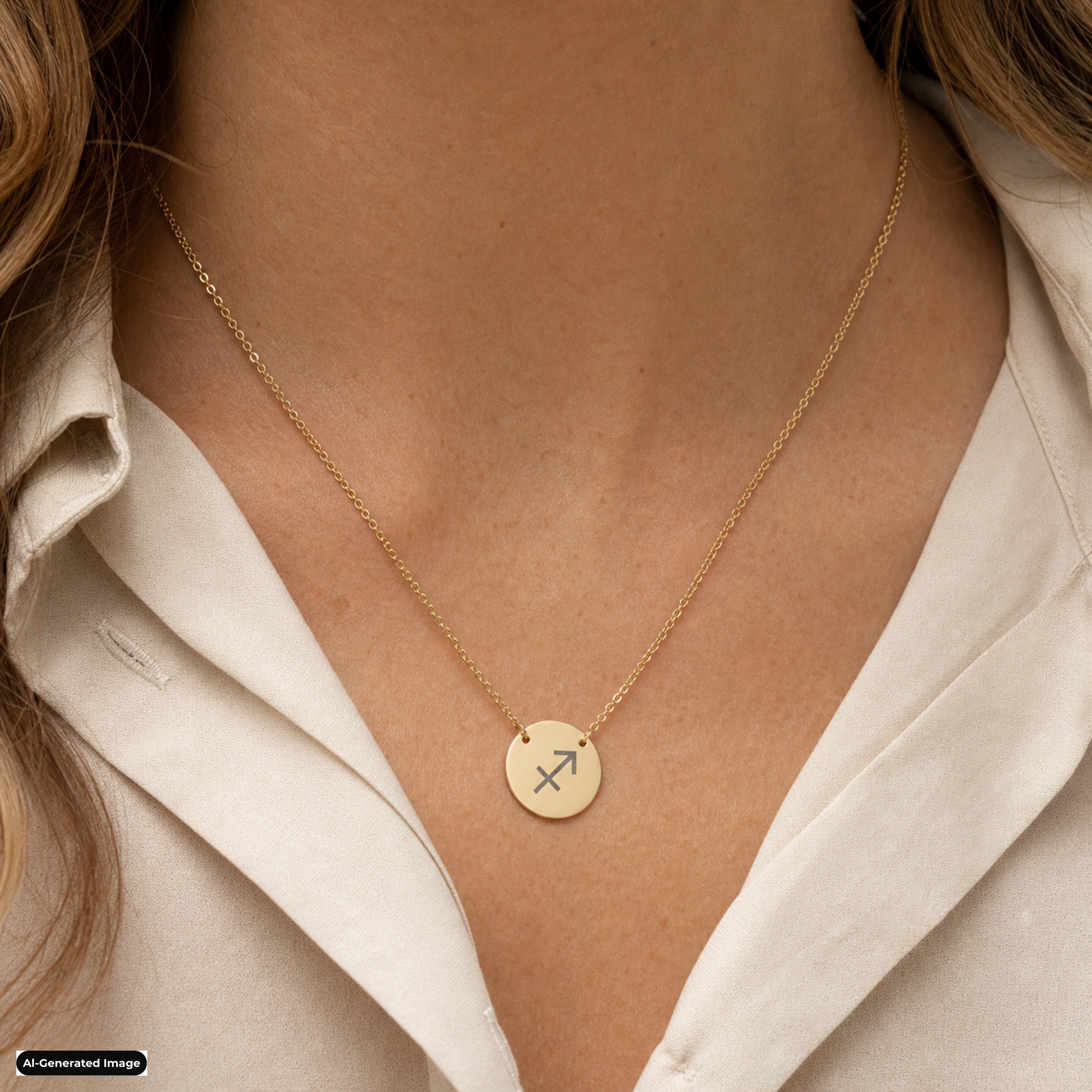 Sagittarius Coin Zodiac necklace worn on model lifestyle in gold (AI-generated image)