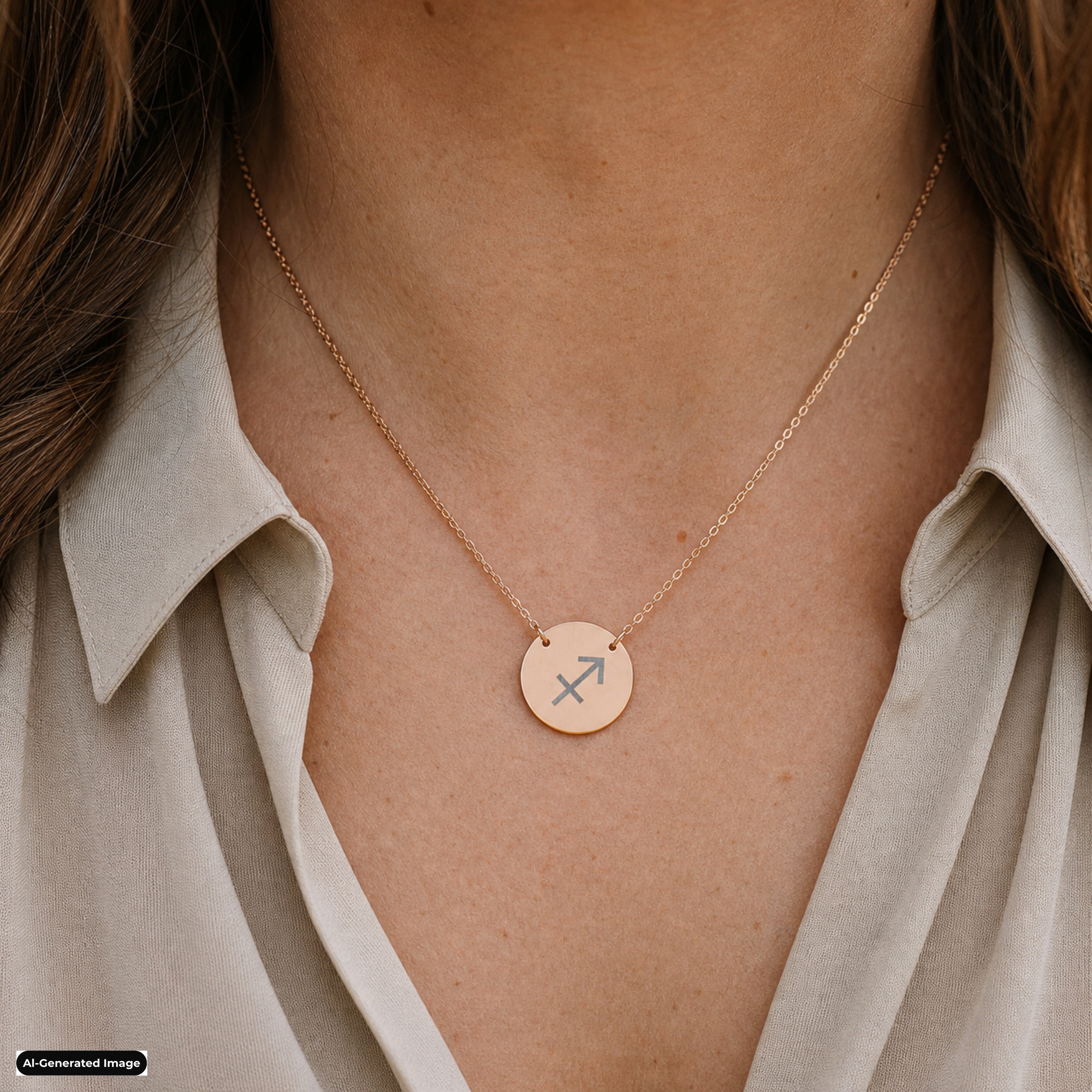 Sagittarius Coin Zodiac necklace worn on model lifestyle in rose-gold (AI-generated image)