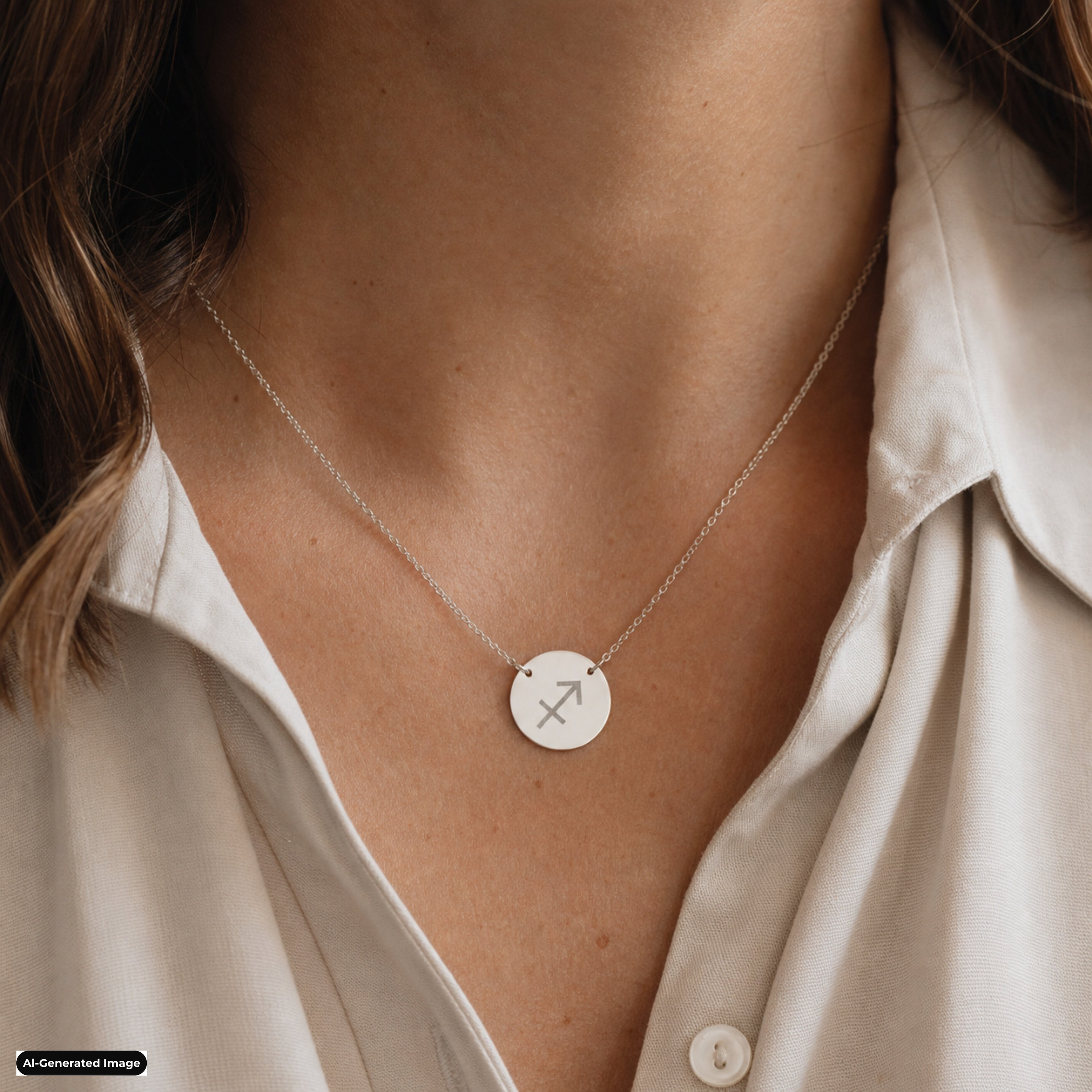 Sagittarius Coin Zodiac necklace worn on model lifestyle in stainless (AI-generated image)
