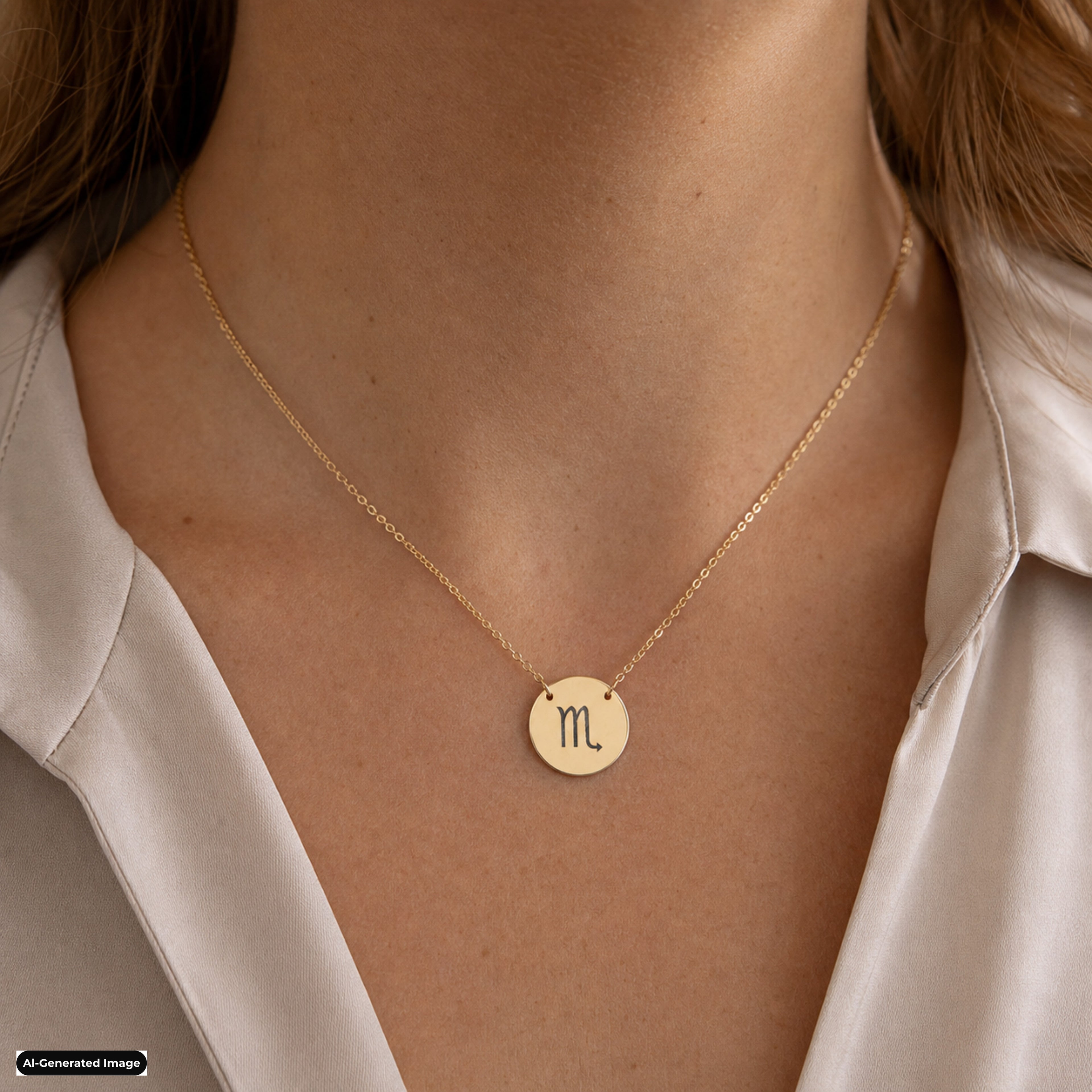 Scorpio Coin Zodiac necklace worn on model lifestyle in gold (AI-generated image)