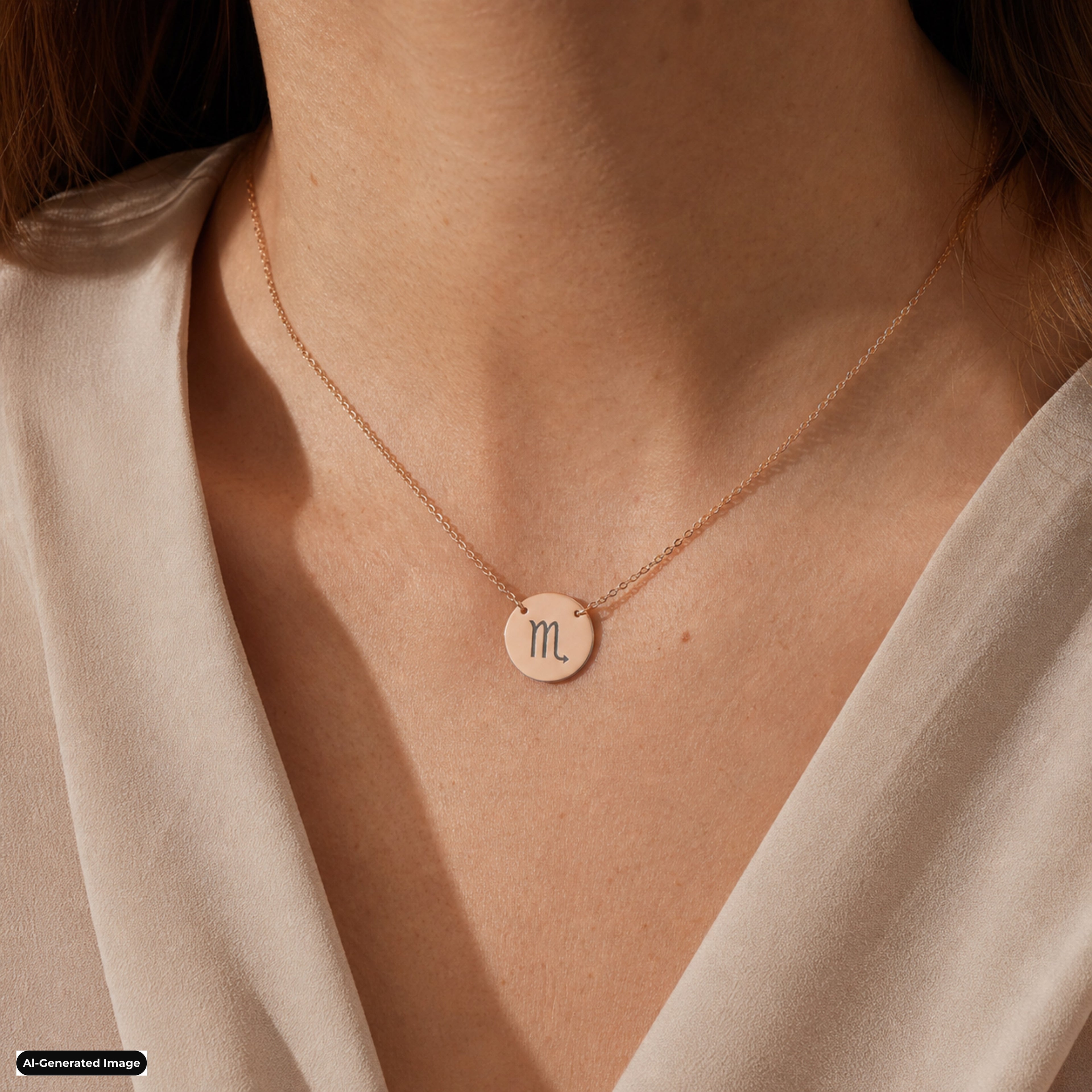 Scorpio Coin Zodiac necklace worn on model lifestyle in rose-gold (AI-generated image)