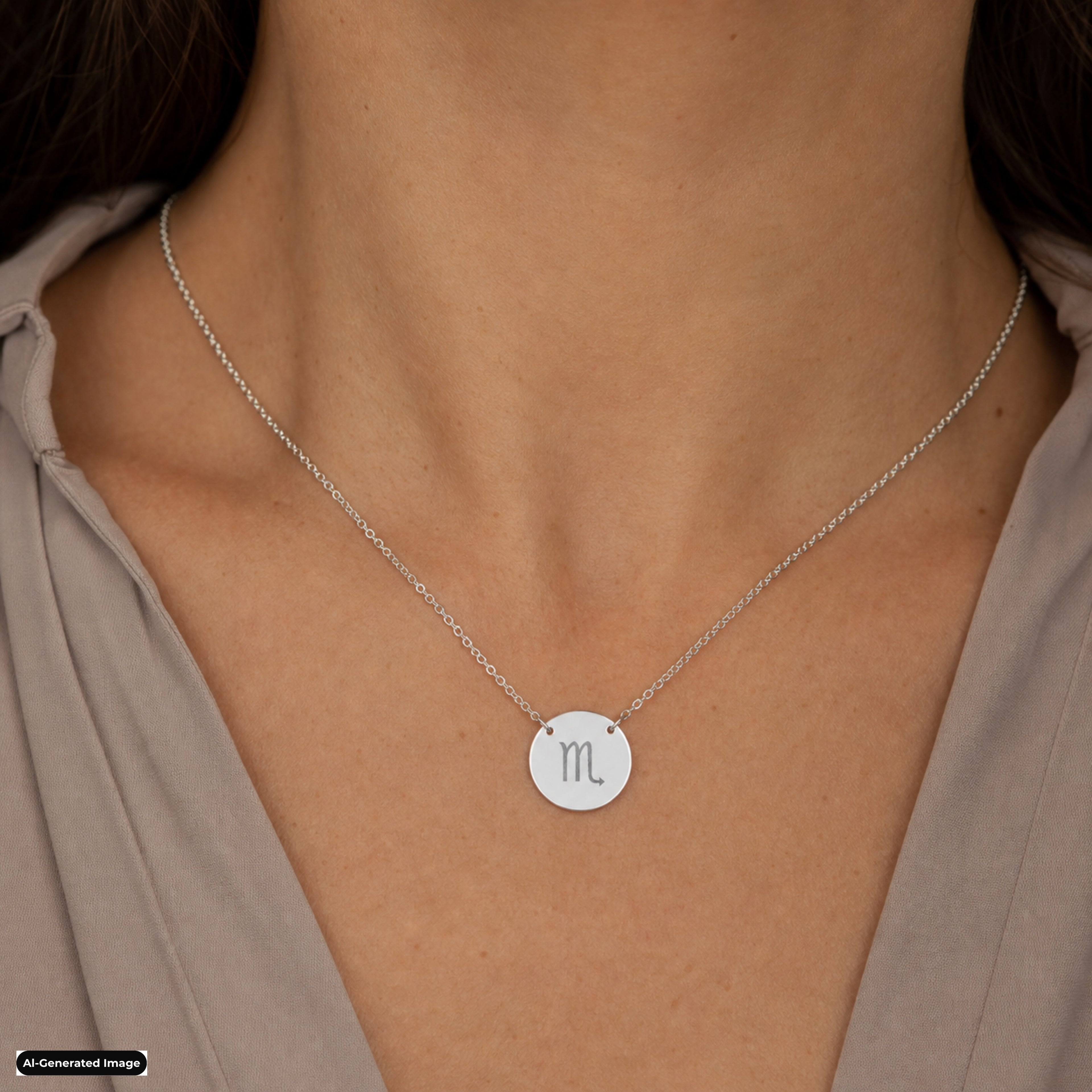 Scorpio Coin Zodiac necklace worn on model lifestyle in stainless (AI-generated image)