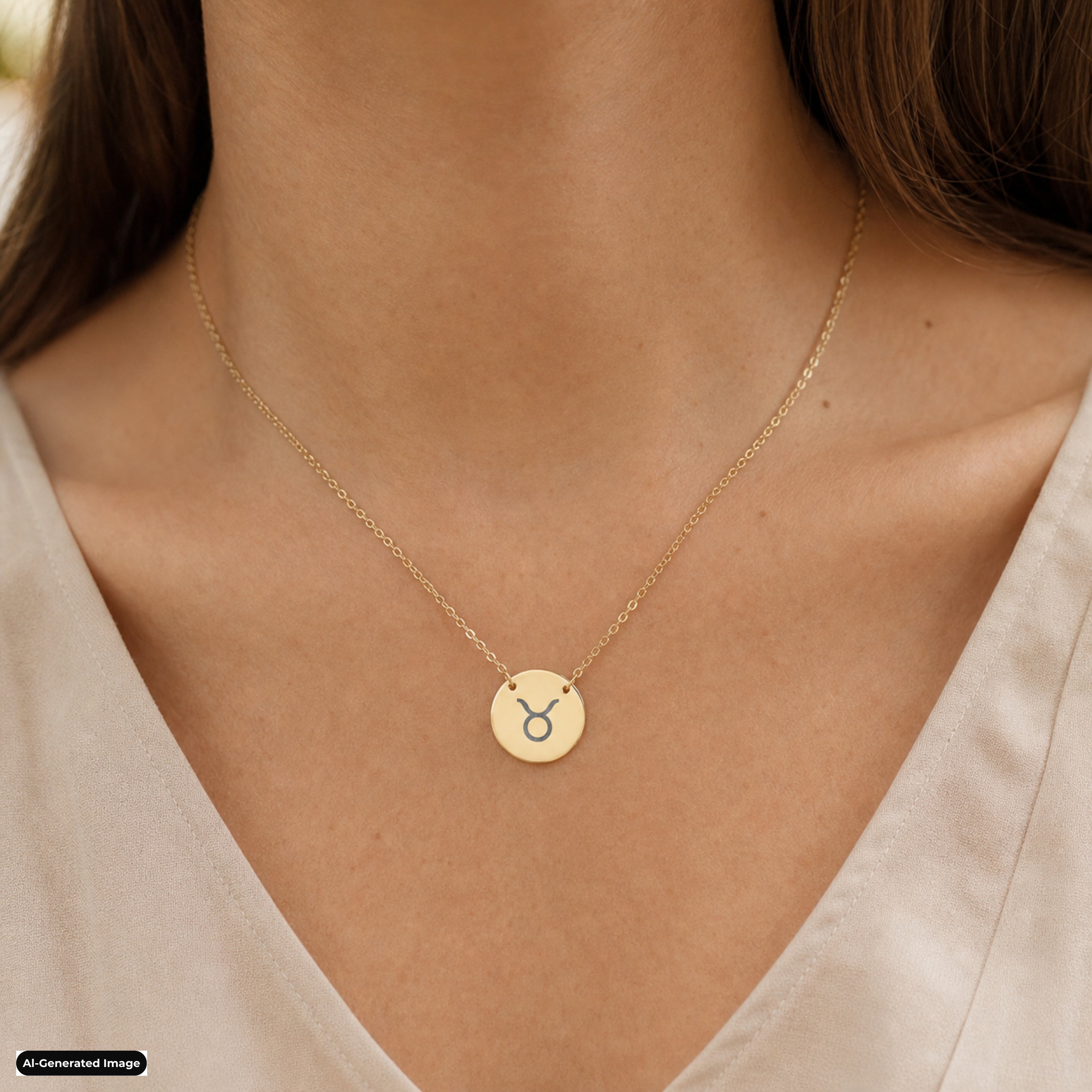 Taurus Coin Zodiac necklace worn on model lifestyle in gold (AI-generated image)