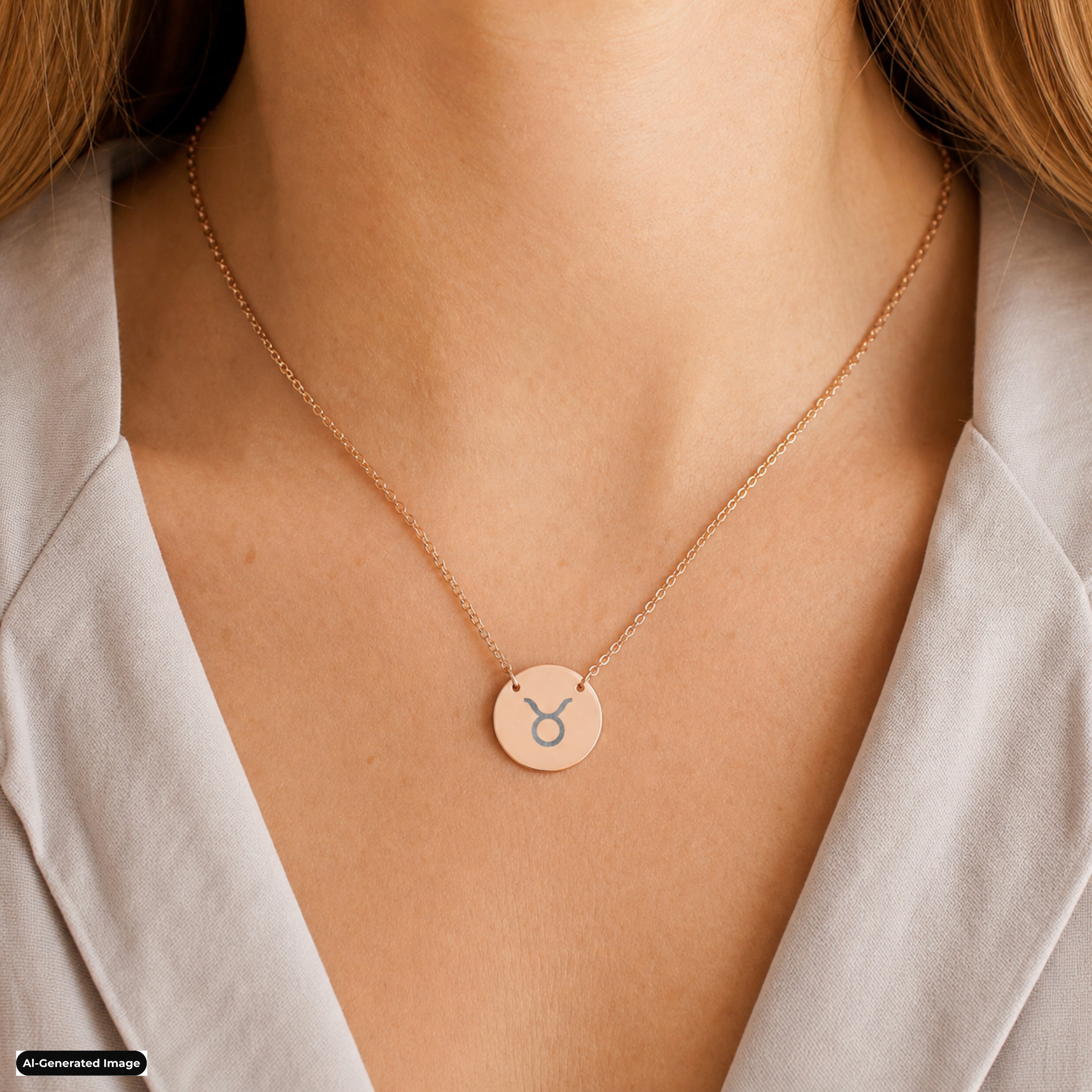 Taurus Coin Zodiac necklace worn on model lifestyle in rose-gold (AI-generated image)