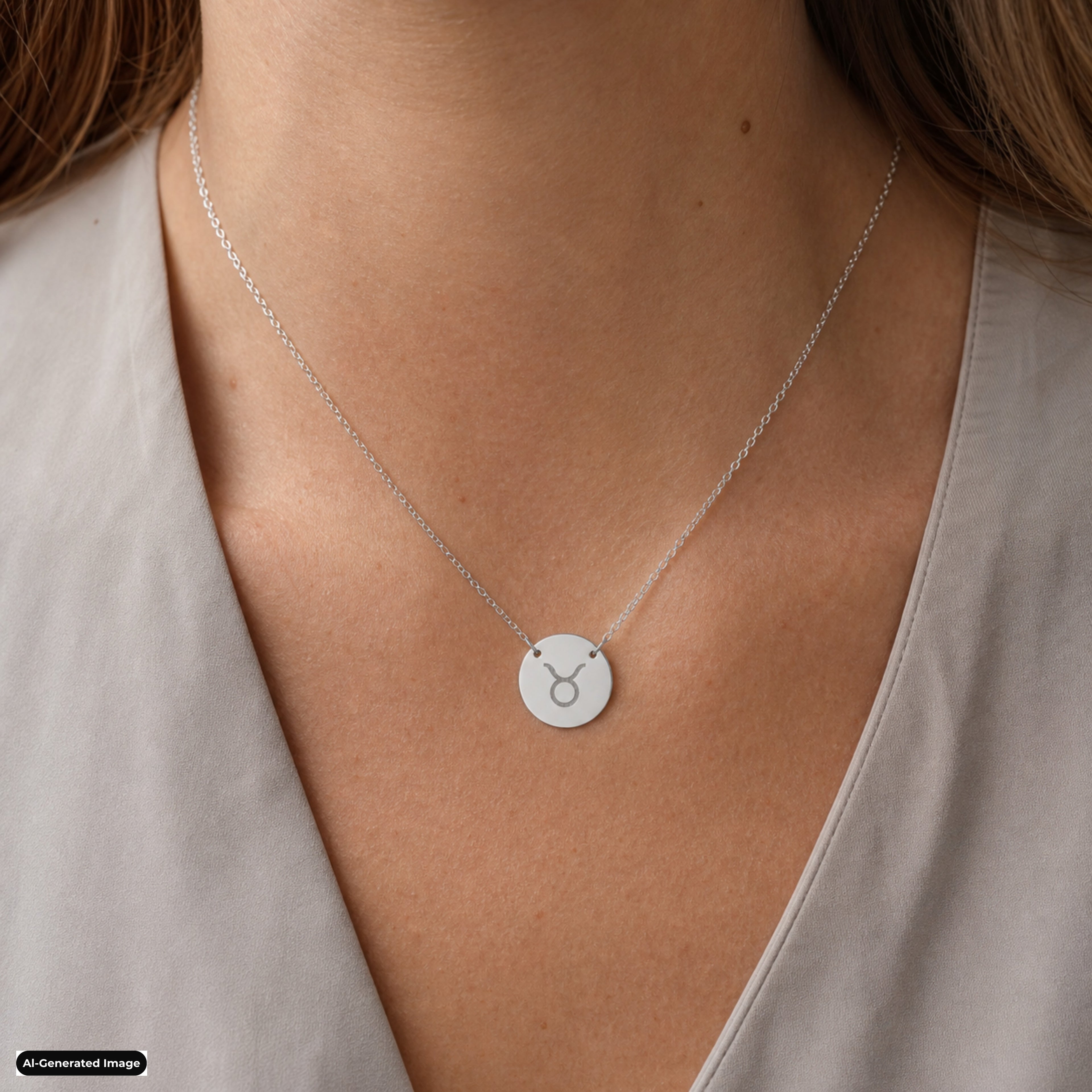 Taurus Coin Zodiac necklace worn on model lifestyle in stainless (AI-generated image)