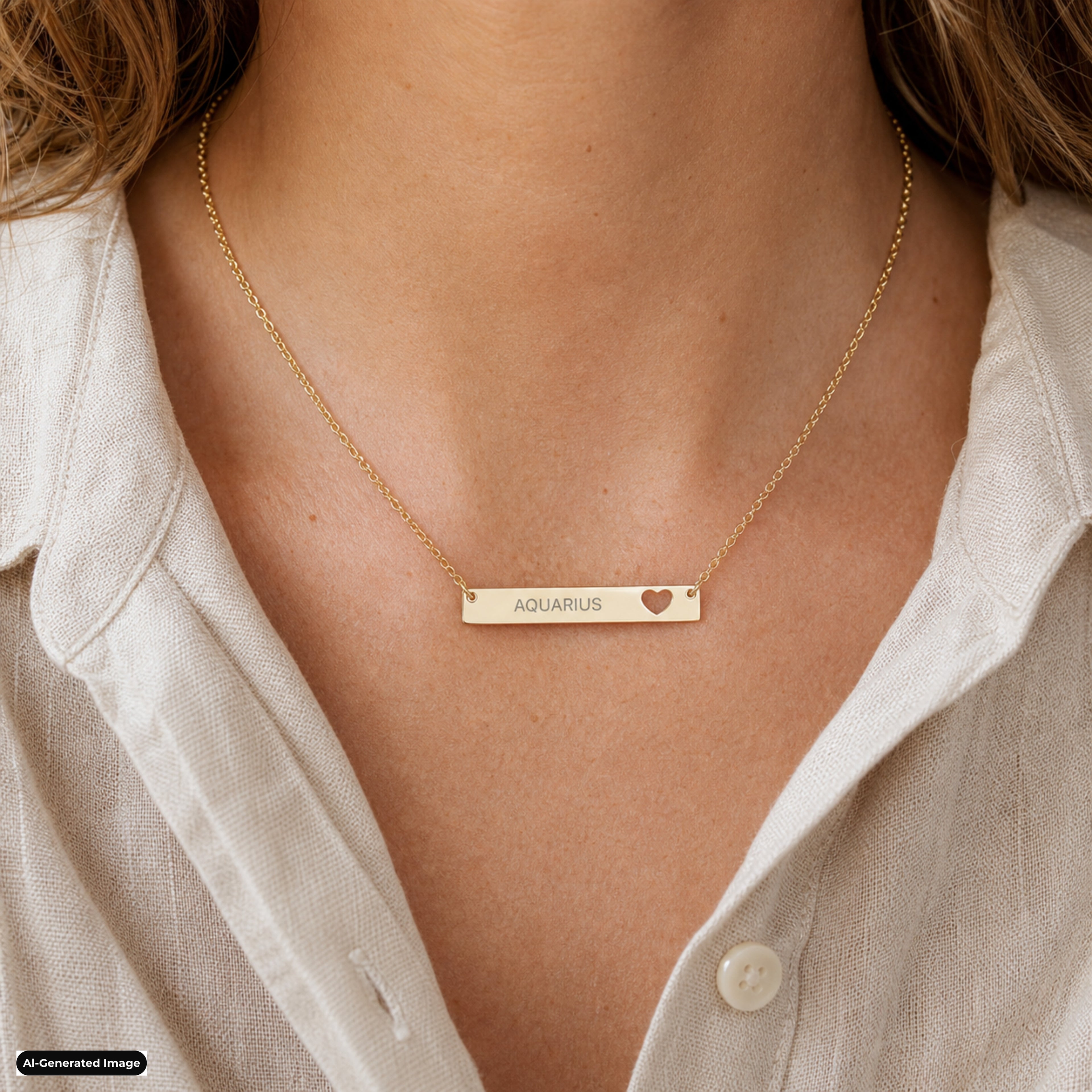 Aquarius Cutout Heart Bar necklace worn on model lifestyle in gold (AI-generated image)