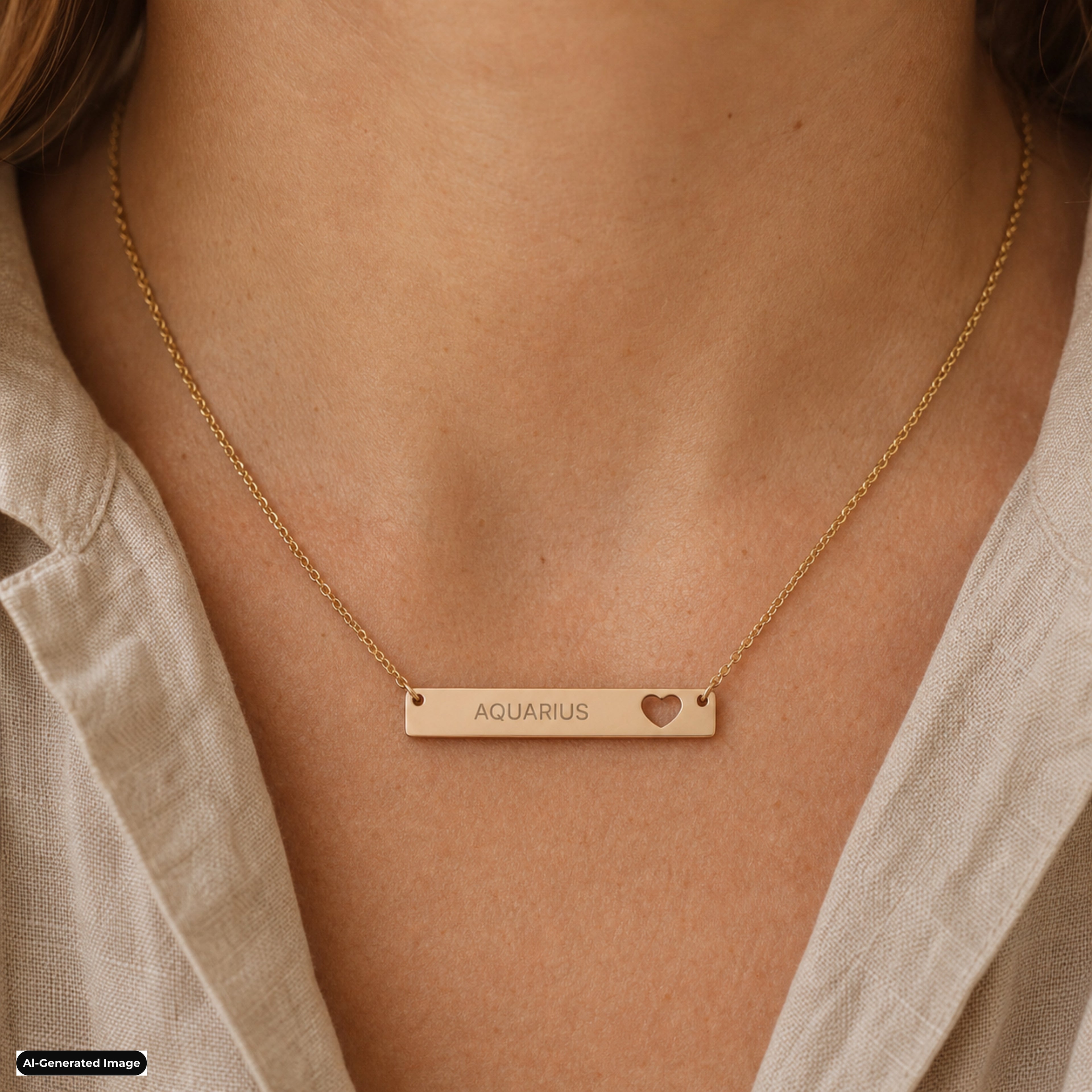 Aquarius Cutout Heart Bar necklace worn on model lifestyle in rose-gold (AI-generated image)