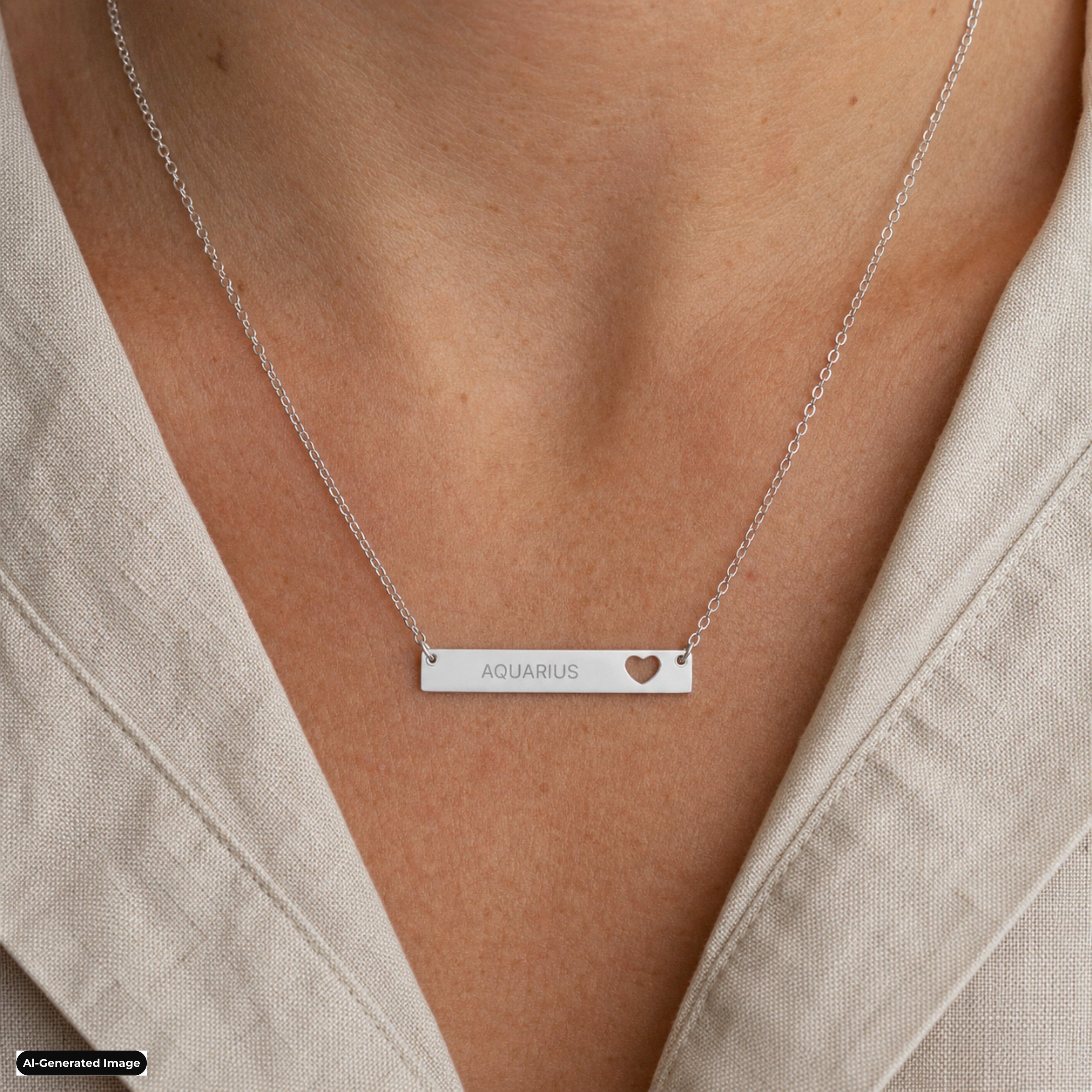 Aquarius Cutout Heart Bar necklace worn on model lifestyle in stainless (AI-generated image)