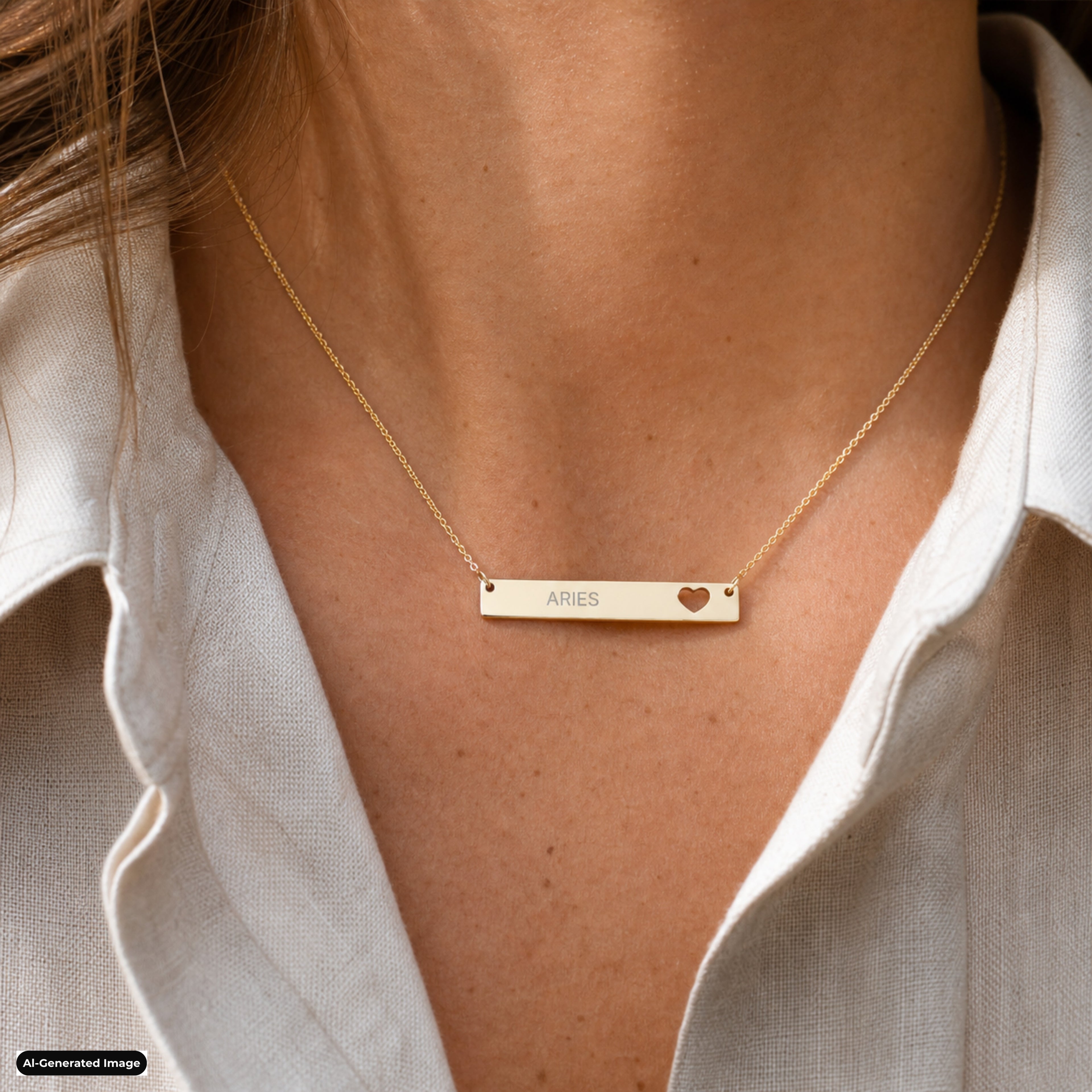 Aries Cutout Heart Bar necklace worn on model lifestyle in gold (AI-generated image)