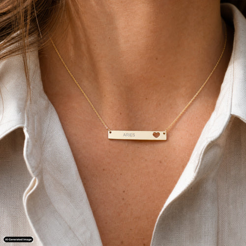 Aries Cutout Heart Bar necklace worn on model lifestyle in gold (AI-generated image)