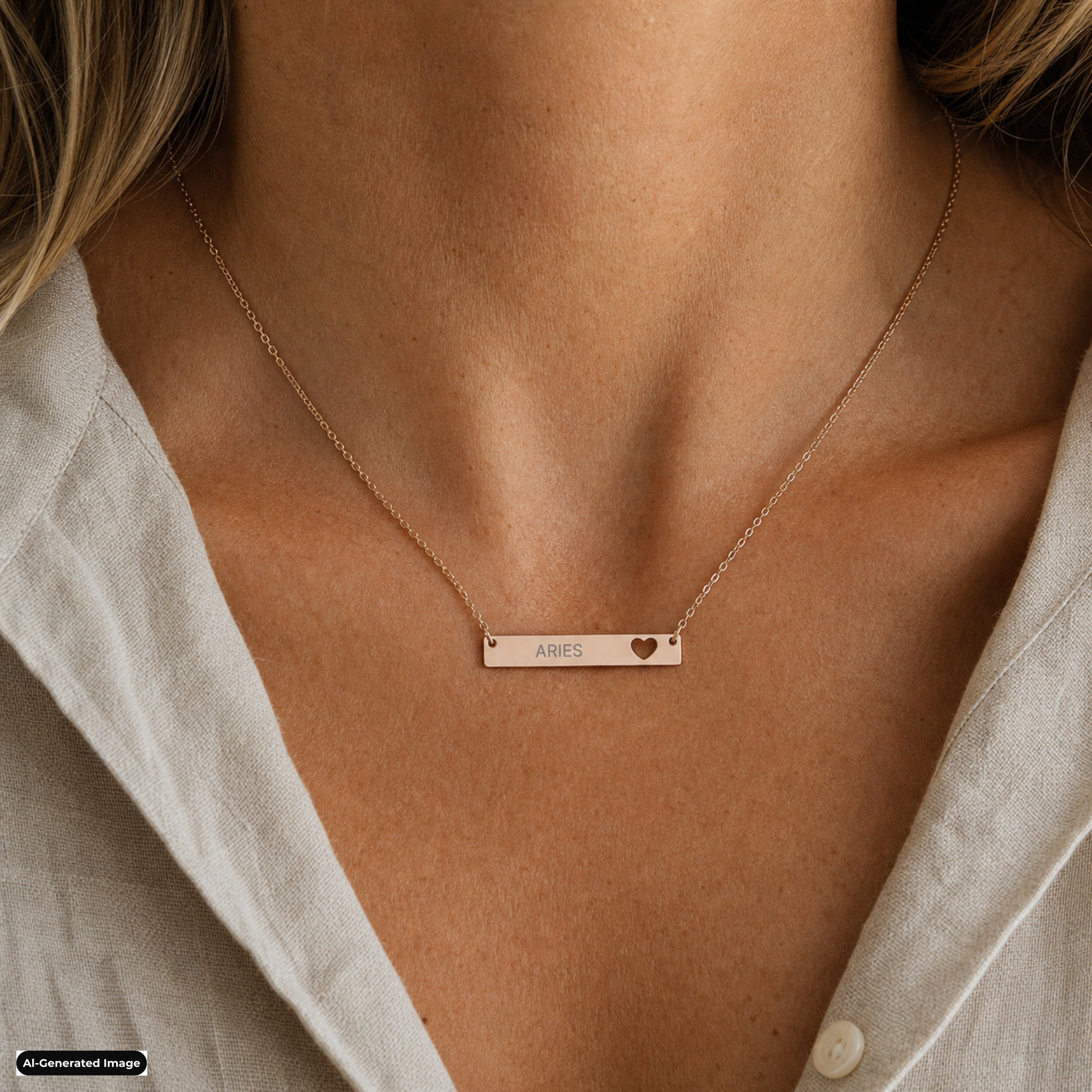 Aries Cutout Heart Bar necklace worn on model lifestyle in rose-gold (AI-generated image)
