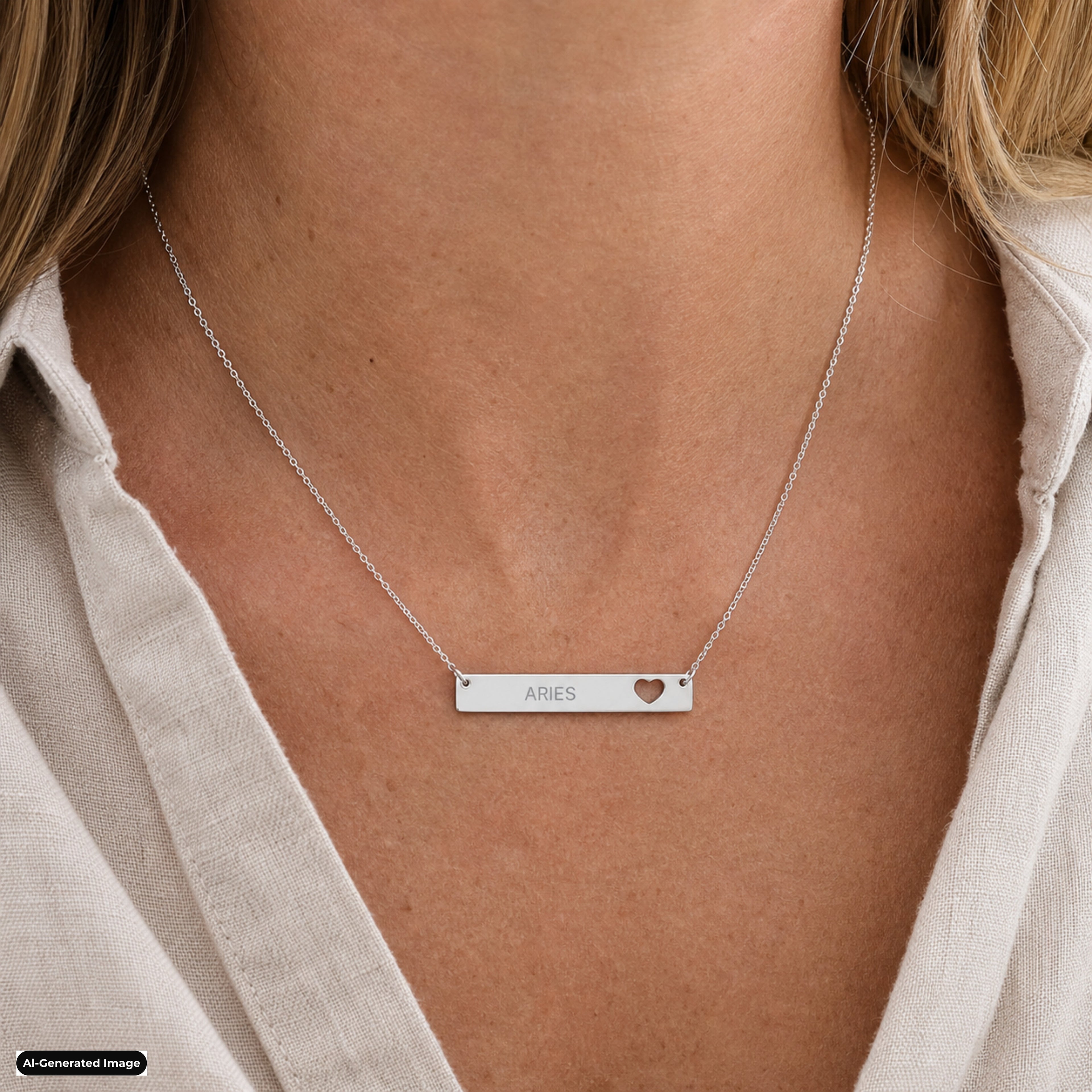 Aries Cutout Heart Bar necklace worn on model lifestyle in stainless (AI-generated image)