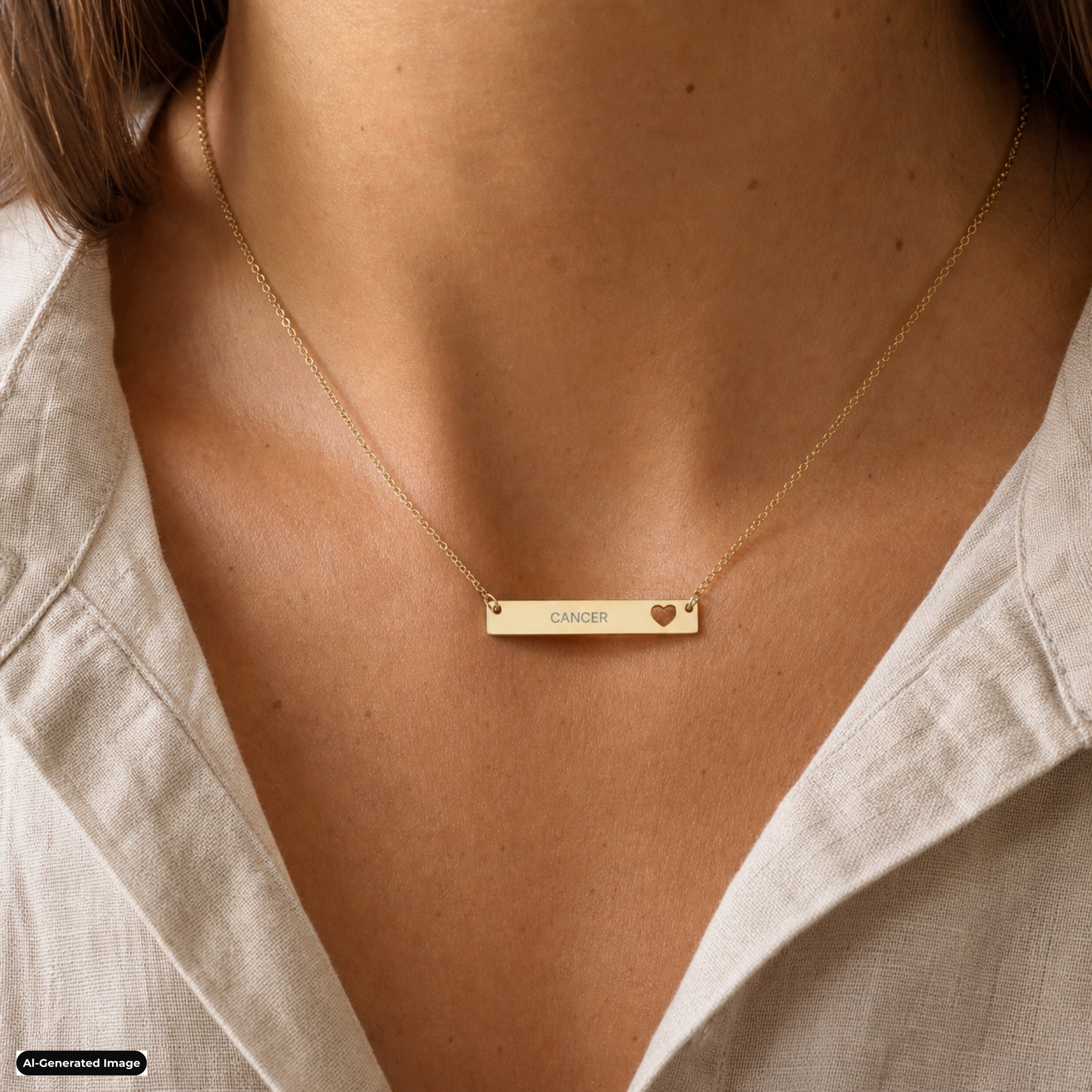 Cancer Cutout Heart Bar necklace worn on model lifestyle in gold (AI-generated image)