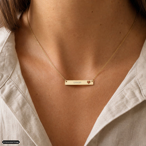 Cancer Cutout Heart Bar necklace worn on model lifestyle in gold (AI-generated image)